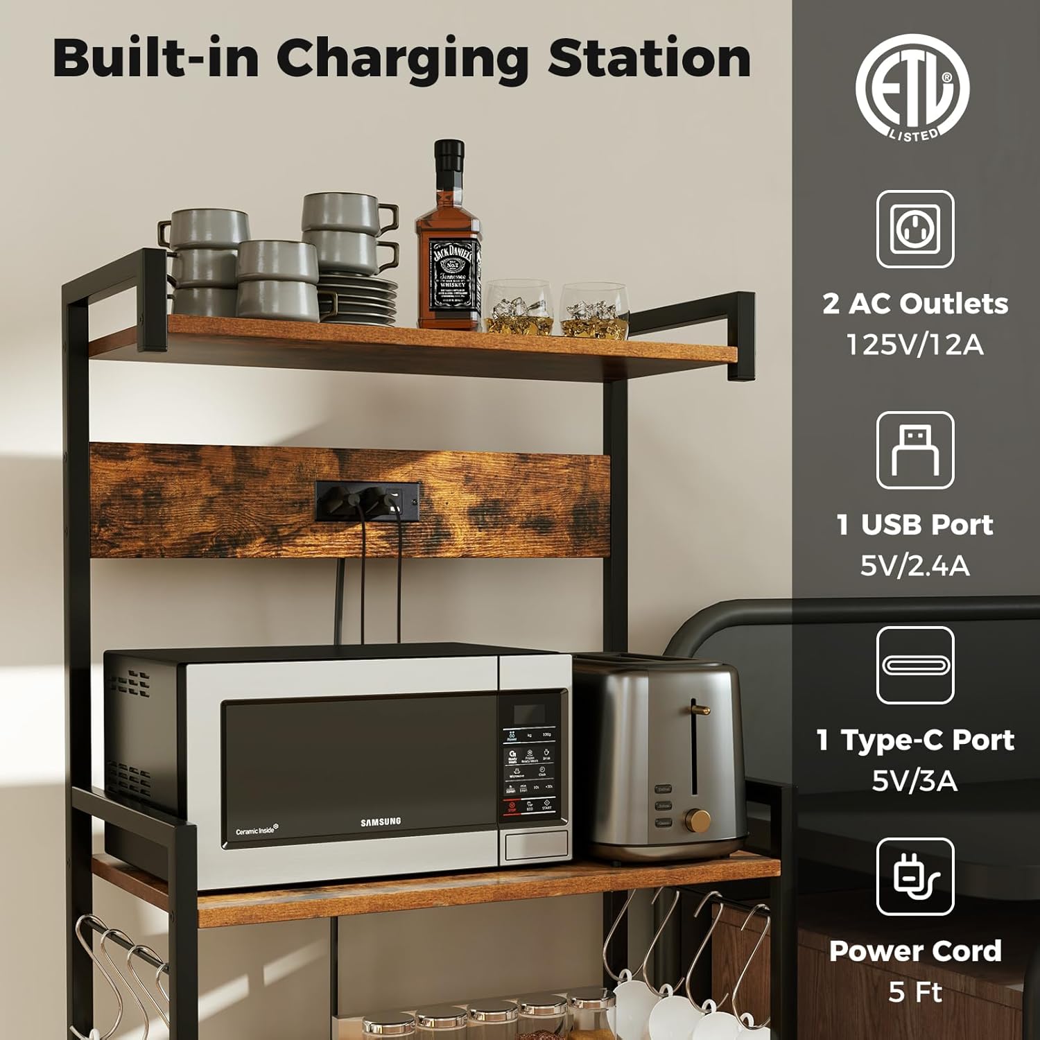 Giantex Bakers Rack with Storage 4 Tiers Shelf, 8 Hooks, Power Outlet, 2 AC Outlets, 1 USB & 1 Type-C Port, Microwave Stand for Kitchen, Coffee Bar, Living Room, Dining Room (23"x13"x54")