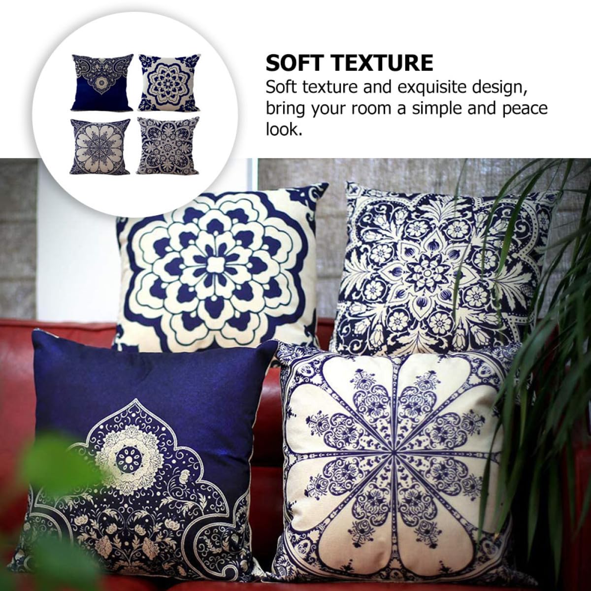 Set 4 Copricuscini in Lino Quadrati 45x45 Cm Motivo Floreale Stile Cinese, Federe per Cuscino Cerniera per Divano, Letto e Poltrona, Decorazione Casa e Ufficio