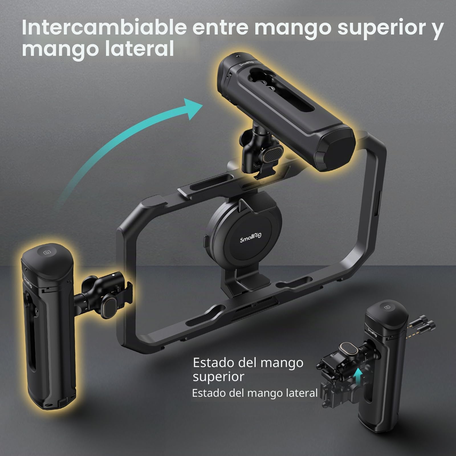 SMALLRIG Mango Lateral de Control Inalámbrico, Empuñadura de Aluminio con Rotación Infinita, Adaptador de Liberación Rápida, Módulo de Control Remoto y Zapata Fría Incorporada - 4402B