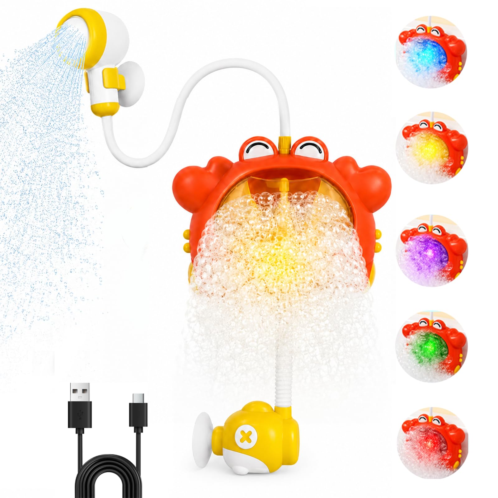 Krabben-Badespielzeug, 4-in-1 Schaumbad-Maschine mit Duschkopf, Kleinkinder, beleuchtet und Musik, Badewannenspielzeug für Kinder im Alter von 1–3 Jahren, 4–8 Jahre, wiederaufladbar über USB