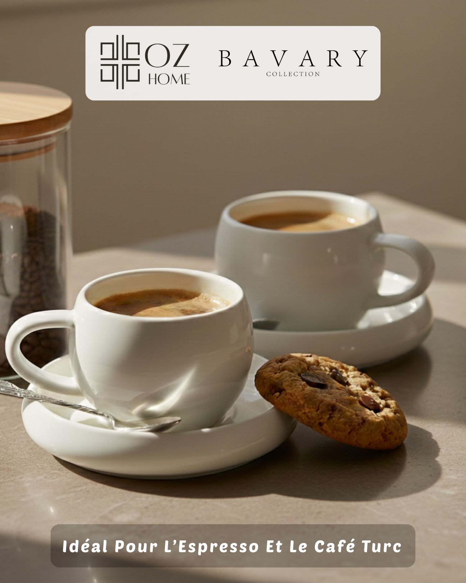 BAVARY Chubby Tasse A Cafe 120ml Avec Soucoupes, 12 Pcs (6 pers.) - Design Blanc Et Anse Ovale - Tasse A The En Porcelaine - Tasse Cafe Et Tasse Cappuccino - Service A Cafe Lave-vaisselle OK