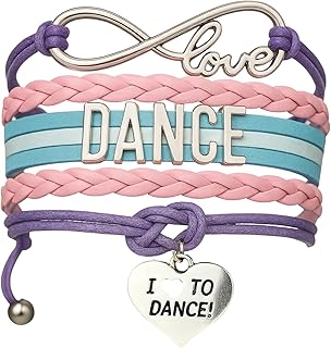 Dance Accessories – Love Infinity Bracelet for Girls, Teens – Adjustable Pink, Purple, Teal, and Light Blue Braided Leather with Dance Letter Bar and Heart Charm – Gift for Dancers