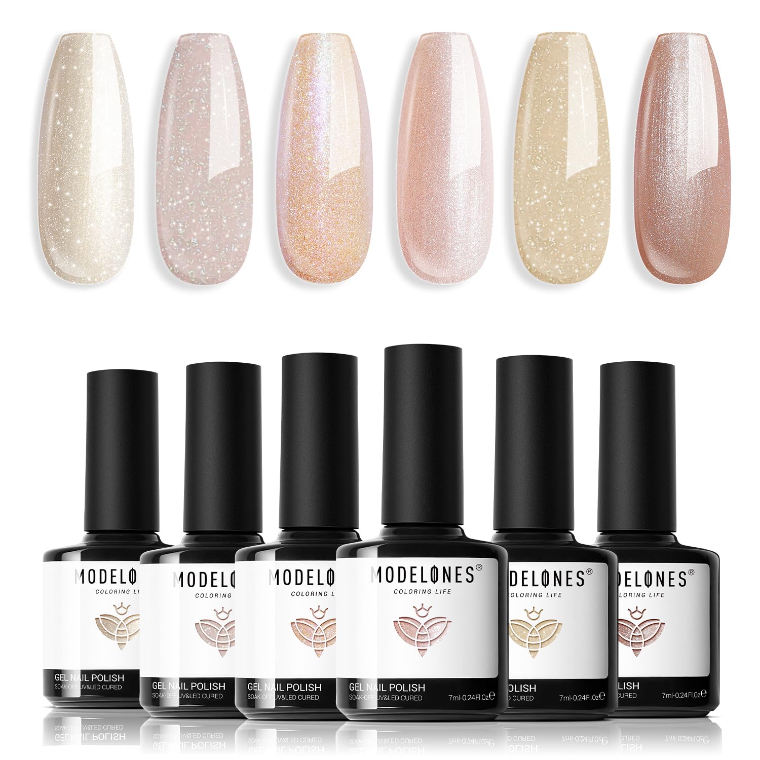 Modelones UV Nagellack Set - 6 Farben Nude Rosa Gold Glitzer, Gel Soak Off Nail Polish, French Manicure Weihnachten Feiertagsgeschenk für DIY zu Hause, 7 ml