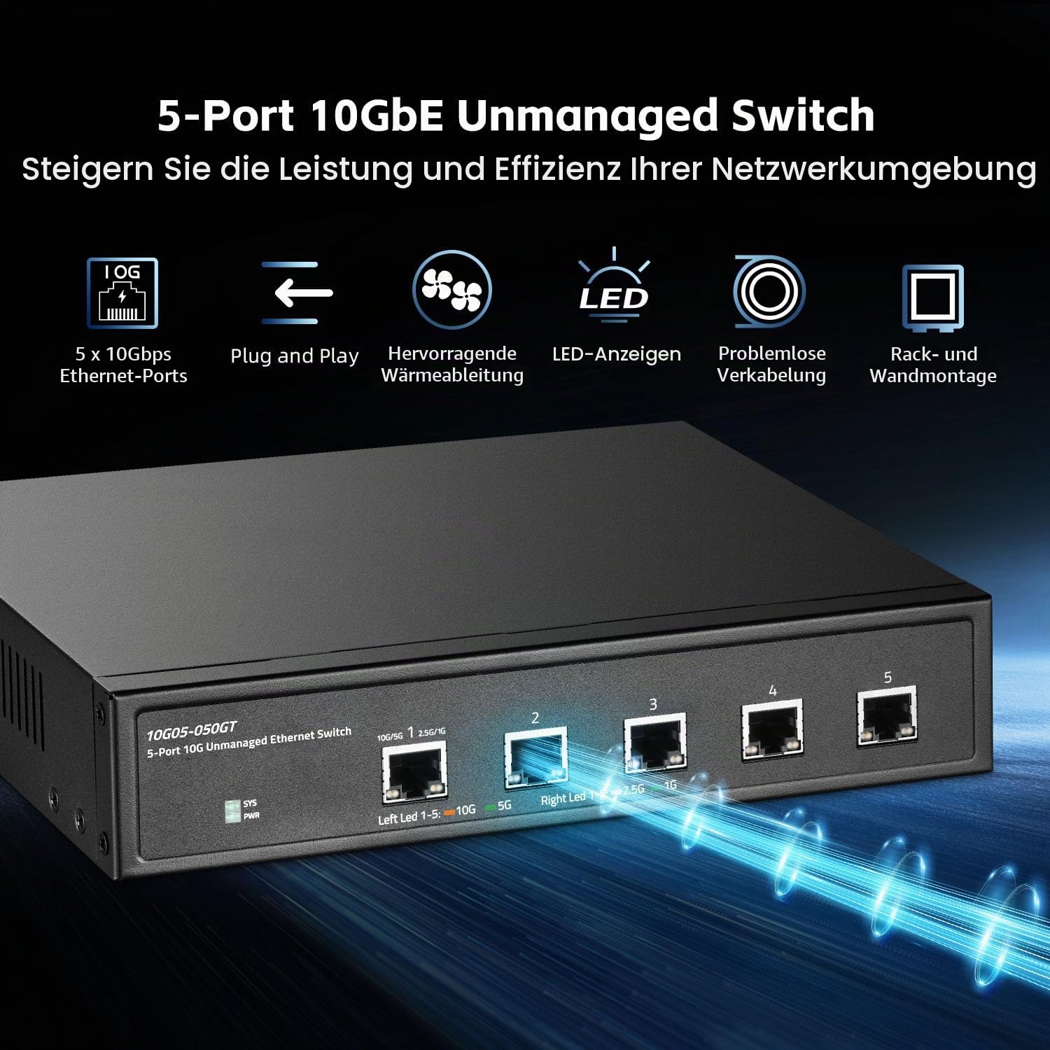 5 Port 10 Gigabit Unmanaged-Switch, 5x10G RJ45 Ethernet, unterstützt 1G/2,5G/5G/10G, 160 Gbit/s Bandbreite, Metall-Desktop-Binardat-Netzwerk-Switch, für Gaming, NAS, kleine Unternehmen, Plug & Play