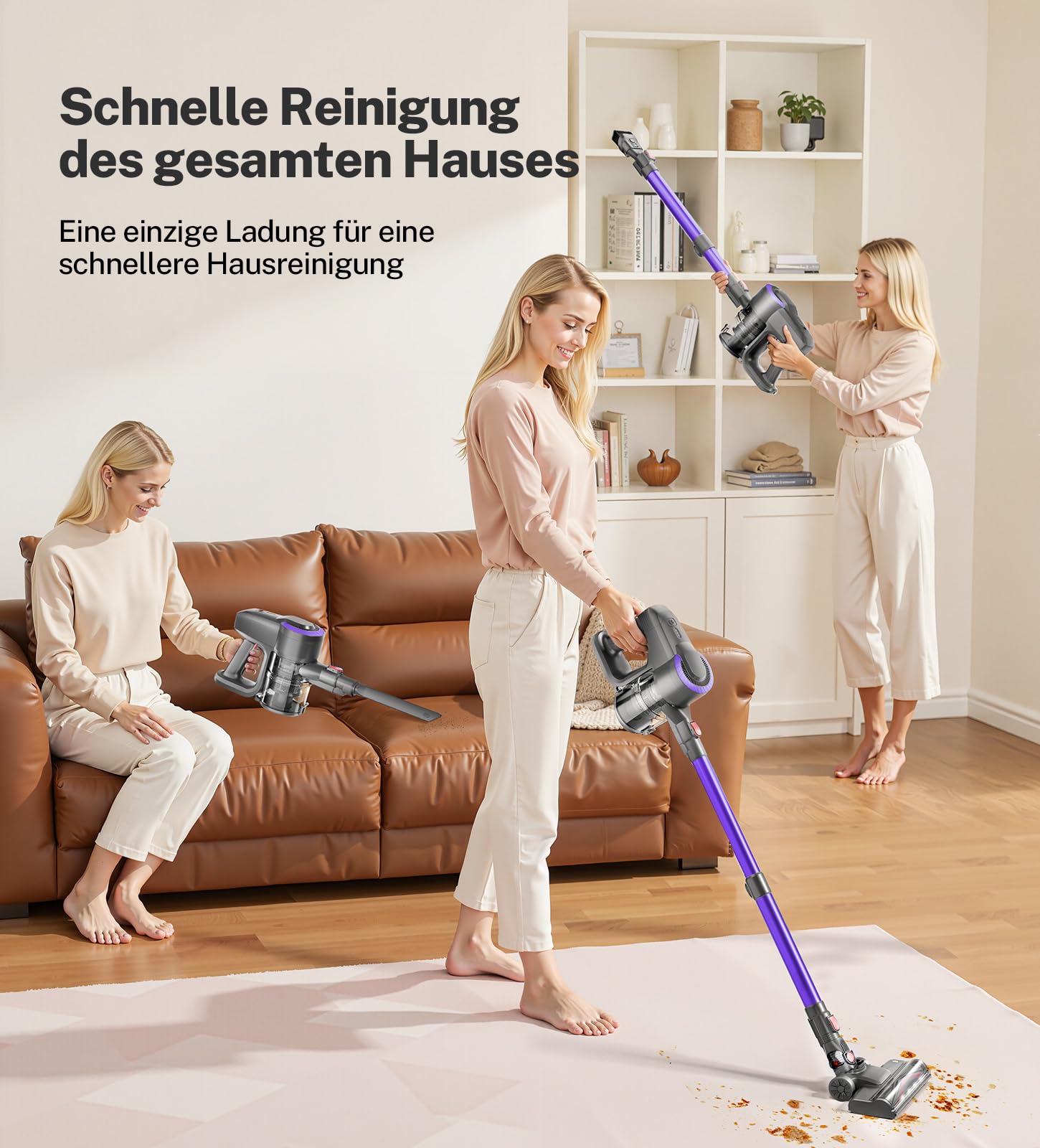 Akku Staubsauger, 30000Pa/55Min Staubsauger Kabellos, Anti-Tangle-Bürste und Selbststehend, Ultraleichter Handstaubsauger akku vacuum cleaner Stielstaubsauger für Teppichen, Hartboden, Tierhaare