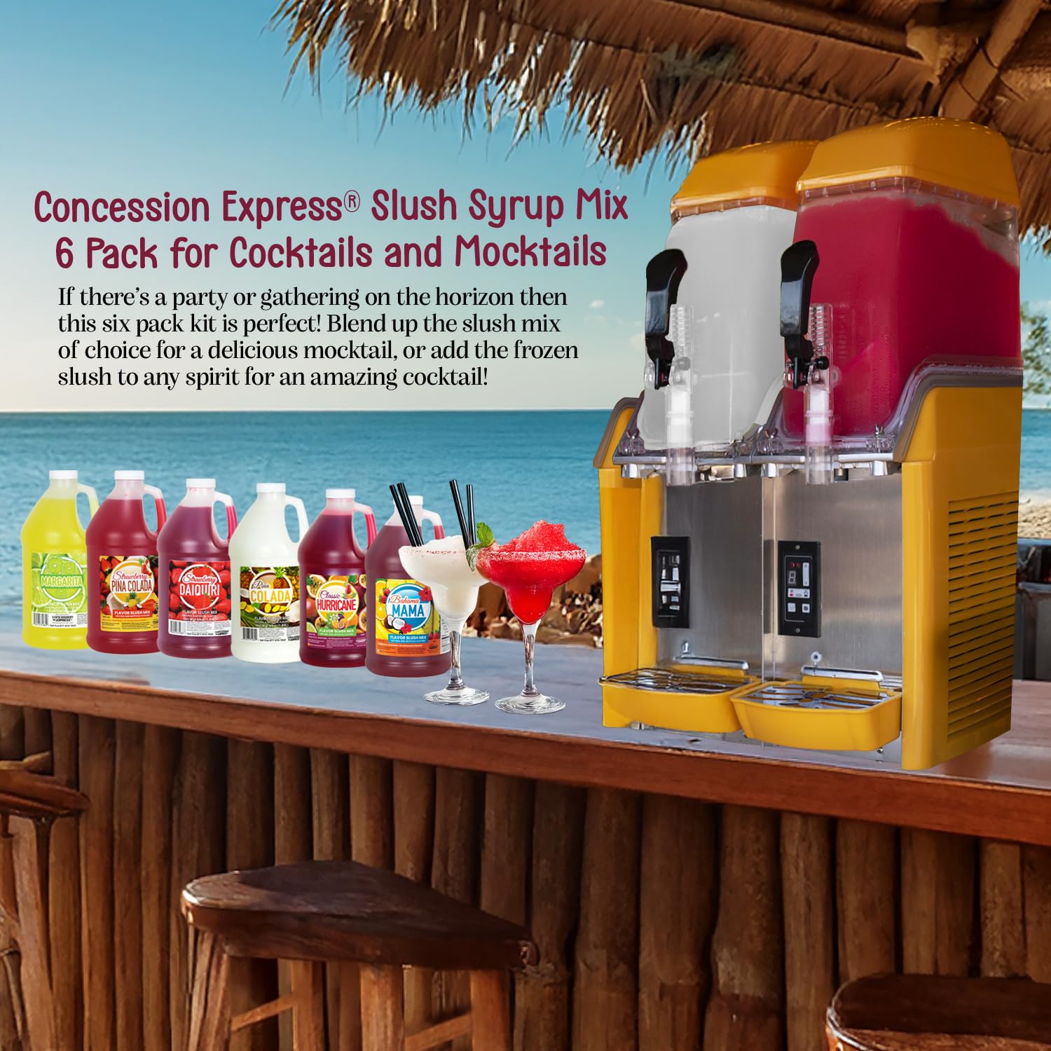 Concession Express Premium Frozen Drink Slush Mix for Cocktails & Mocktails, 64 fl oz each (6 Pack) – Margarita, Piña Colada, Bahama Mama, Hurricane, Strawberry Daiquiri & Strawberry Piña Colada Mixers