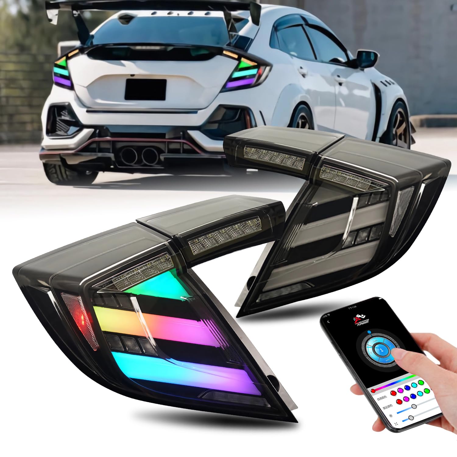 HCmotion RGB LED Tail lights Assembly for Honda Civic 10Th Gen Type R Hatchback FK7 FK8 2016-2021 Tail Lamp with Sequential Signal,LED DRL Start UP Animation