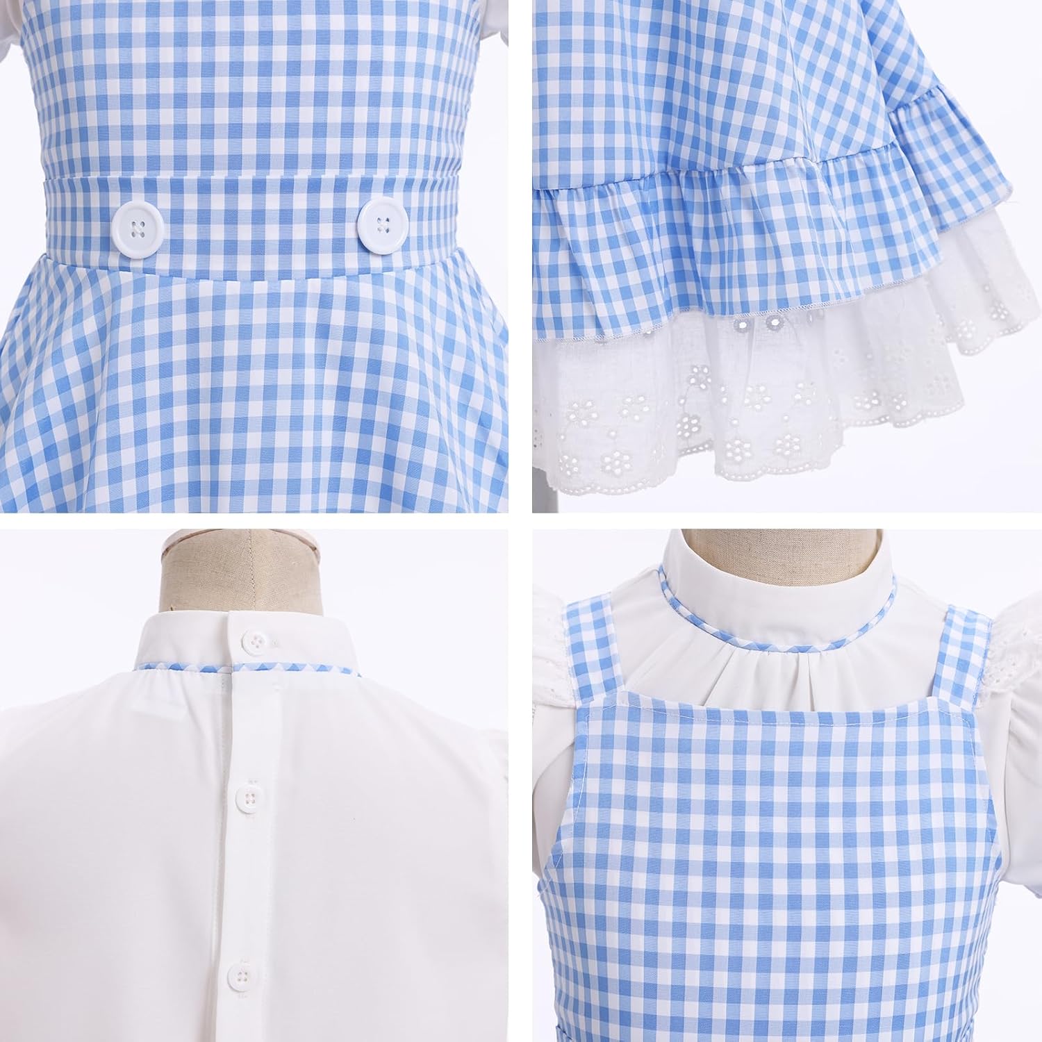 OBEEII Kids Girl Blue and White Checked Dress Bows Summer Casual Short Sleeve Blue Gingham Dress - Image 6