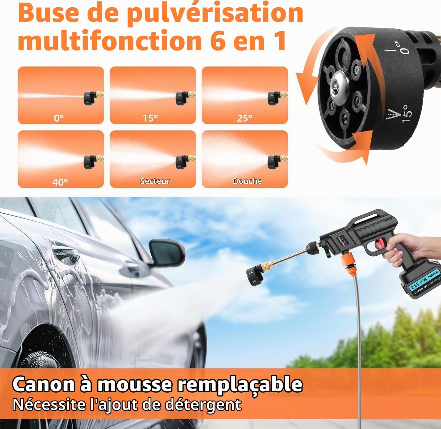 Nettoyeur Haute Pression sans Fil 100 Bar 270 l/h | Pistolet Portable avec 2 Batteries de 3000 mAh | Pistolet de Lavage 6 en 1 buse réglable 5m pour Sol de Voiture