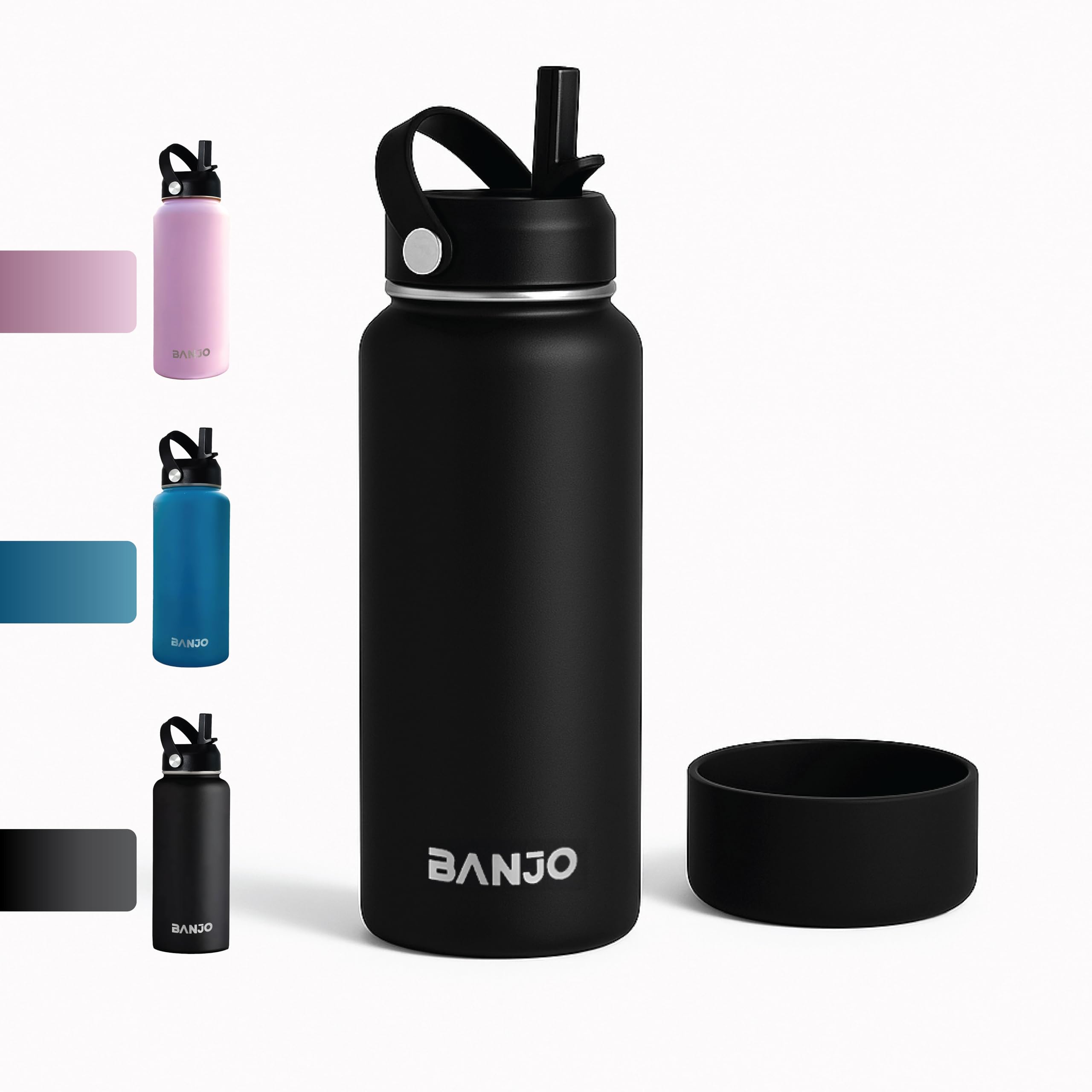 Banjo 32oz Insulated Stainless Steel Water Bottle - Double-Walled Vacuum Flask, Leak-Proof, Hot & Cold, Travel, Gym, Hiking, and Outdoor Use (Black)