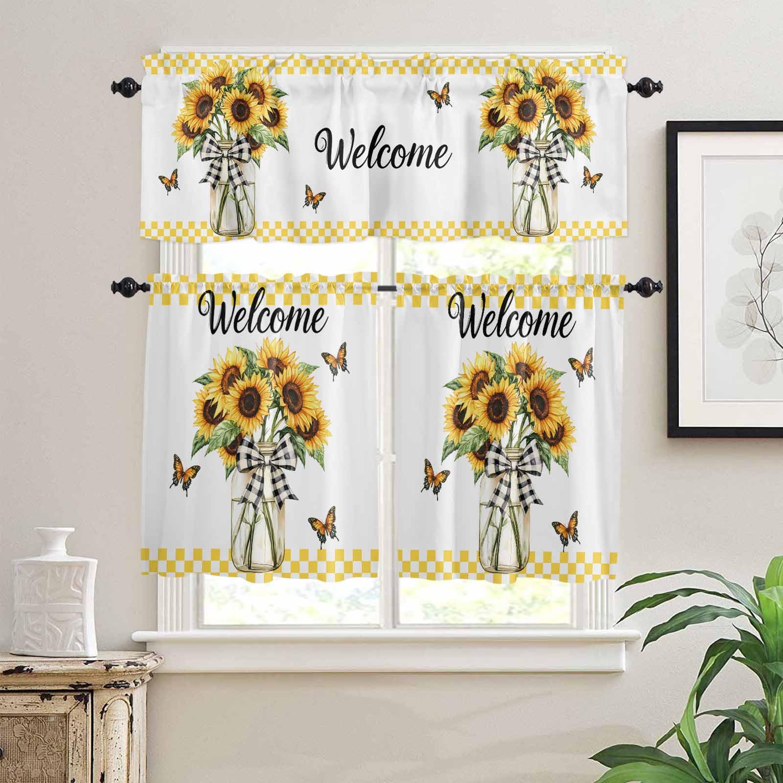 Spring Sunflower Kitchen Curtains 36 Inch Length, 3 Piece Rod Pocket Small Half Tiers and Valance Set, Vase Butterfly Yellow Plaid Artwork Small Large Window Treatment Decor for Bedroom/Bathroom Sink