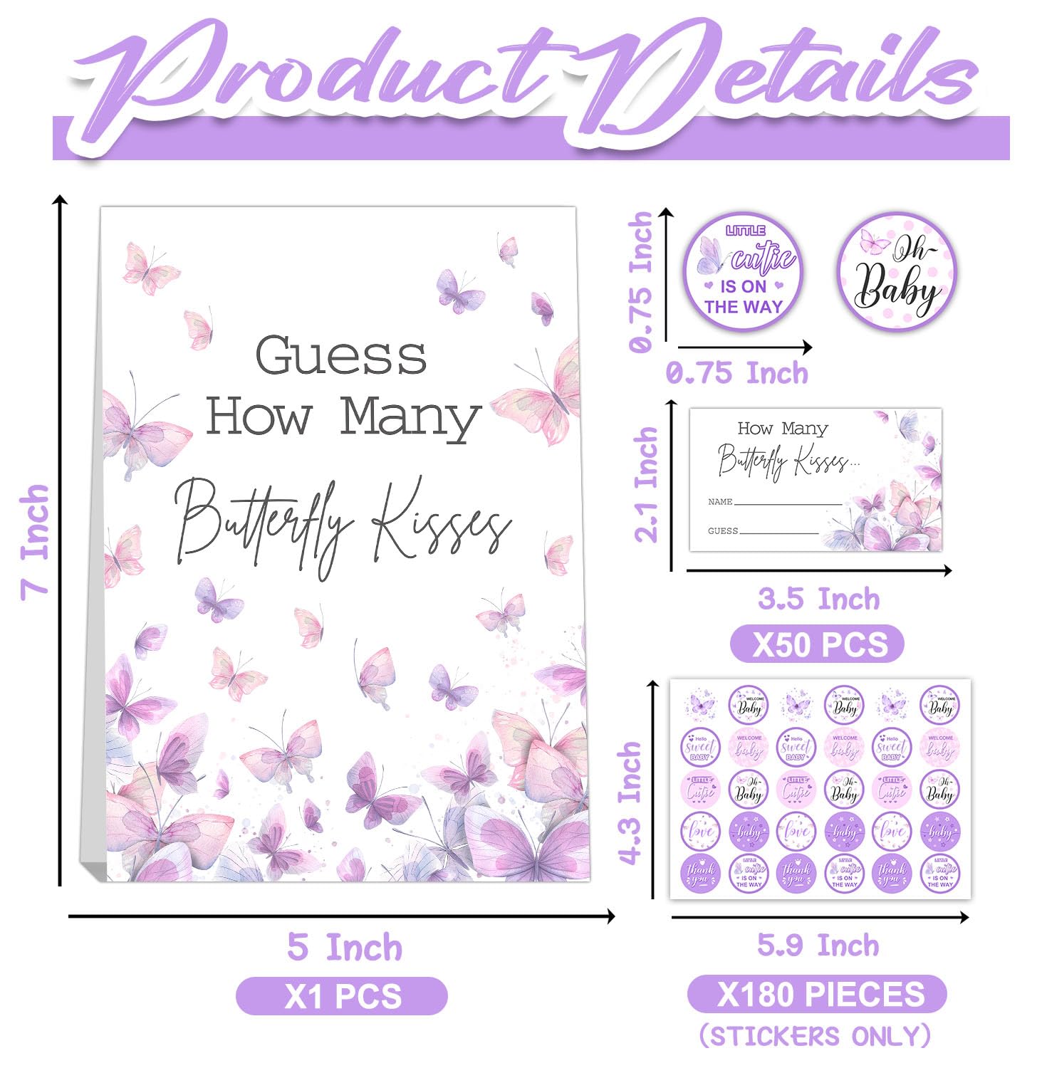 Butterfly Kisses Baby Shower Game Set - Guess How Many Kisses, 50 Cards, Standing Sign, 180 Stickers
