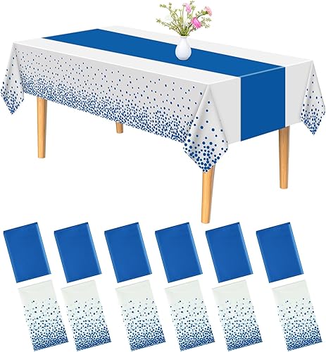 PLULON Juego de 12 manteles de plástico y camino de mesa de satén, manteles rectangulares de lunares blancos y azules, camino de mesa de satén azul