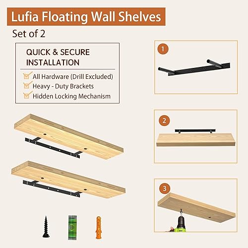 Miniatura 2 de Lufia Estantes flotantes de pared, juego de 2, MDF con soportes invisibles, almacenamiento moderno para dormitorio, baño, sala de estar, cocina