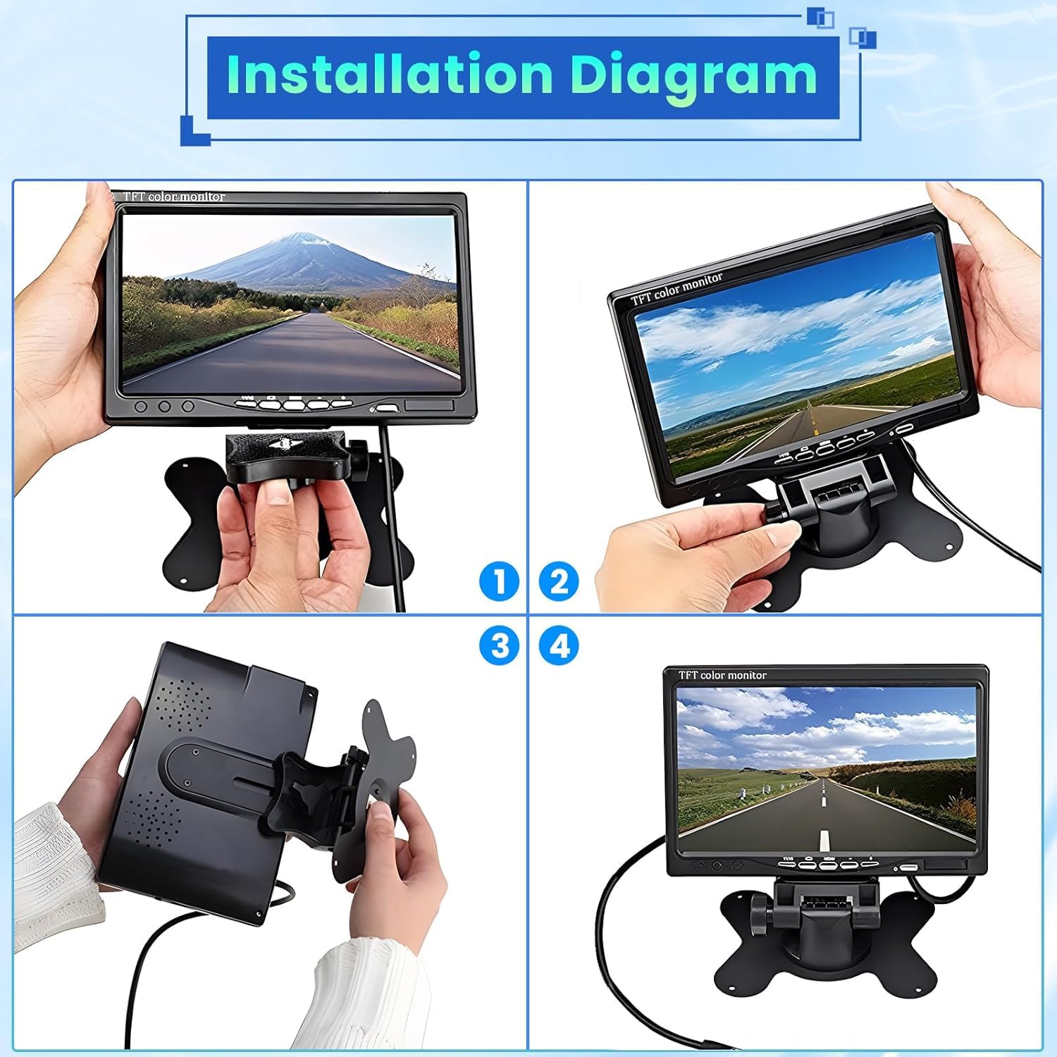 Hikity Kit Telecamera Retromarcia per Auto con Monitor LCD da 7 Pollici+2 Telecamera Posteriore, IP67 Impermeabile Visione Notturna per Camper Caravan LKW 12V-24V con Caricatore per Auto+10&15M Cavo