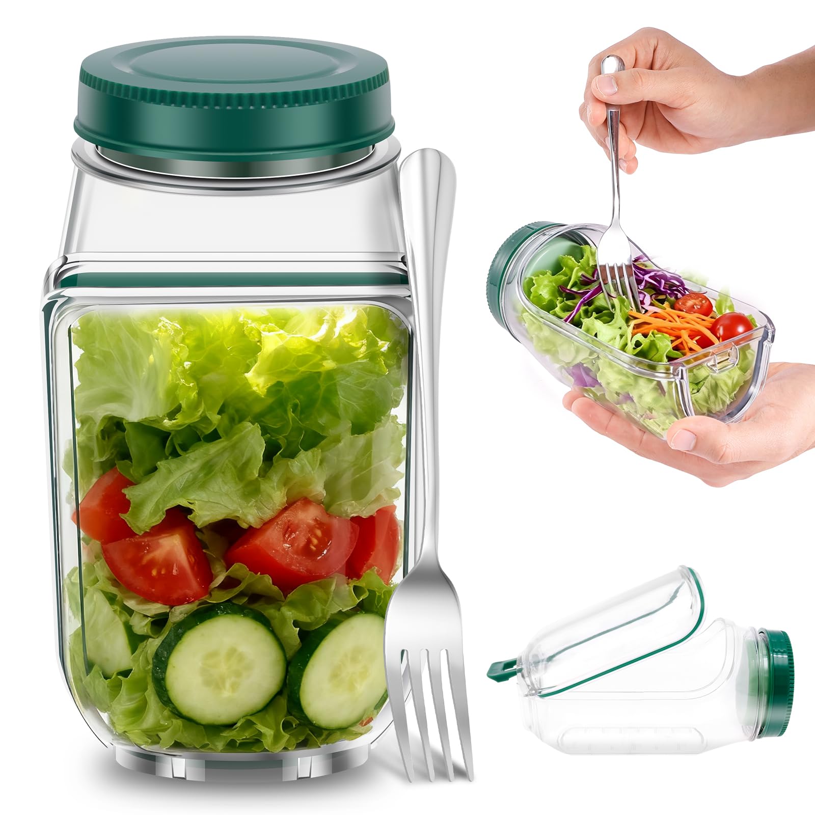 YUNYOUC Salad Pod with Stainless Steel Fork, 700ml Salads Jar with Side Opening, Salad Container for Lunch, Leakproof Wet Dry Separation Vertical Layering Lunchable Containers(Green with Fork)
