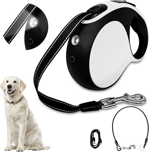 Miniatura 1 de Correa retráctil para perro con cable a prueba de mordeduras y linterna LED, correa de perro resistente de 16 pies, adecuada para perros