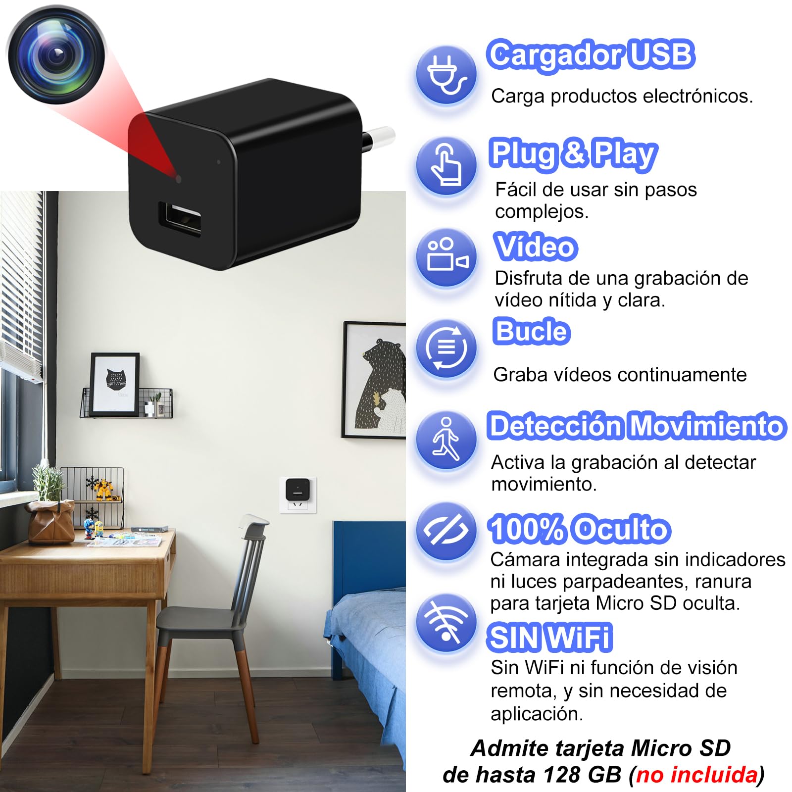 TANGMI Camara Espia Cargador USB 1080P HD Oculta | Sin WiFi, Grabacion Bucle, Deteccion Movimiento, Invisible, SD 128GB, Plug and Play