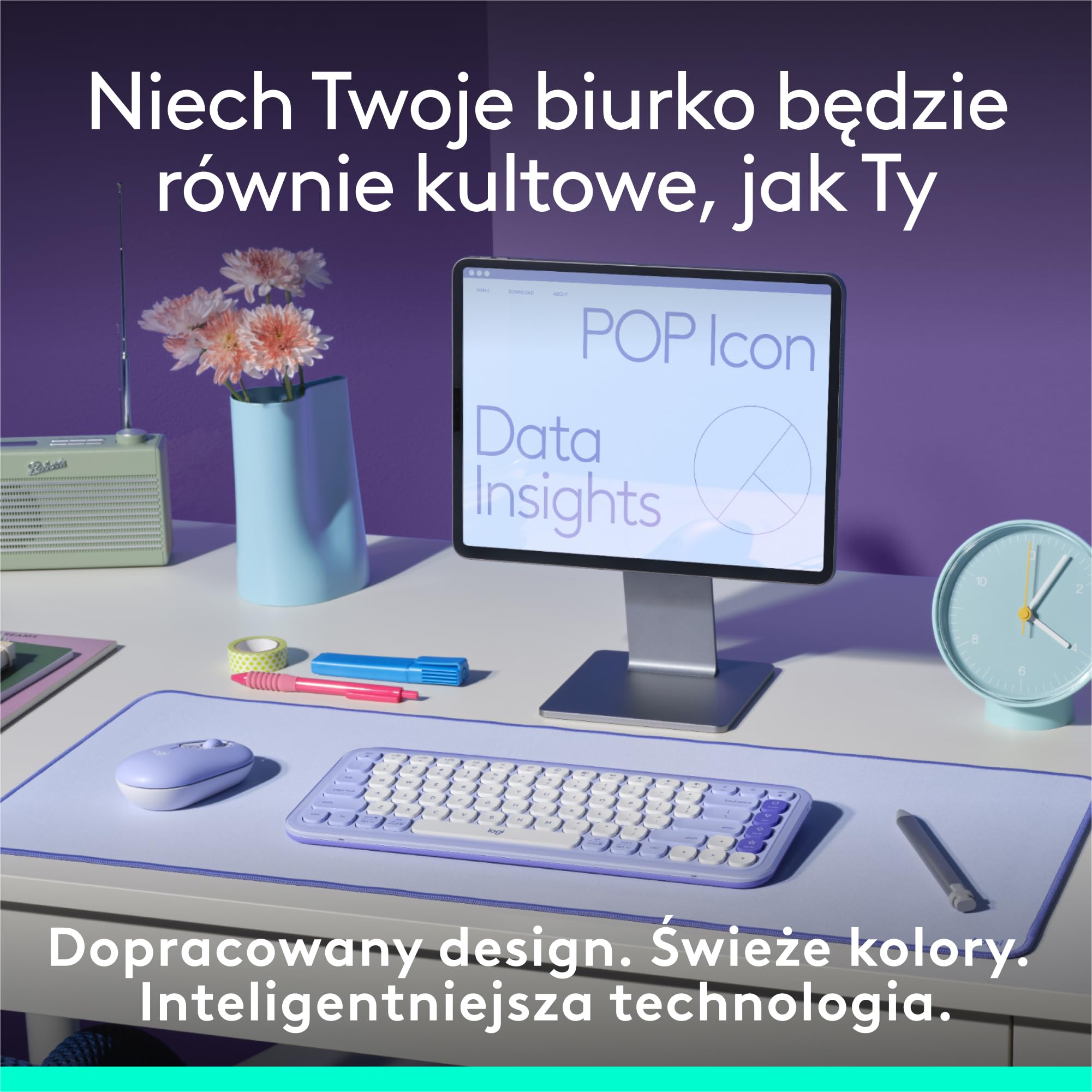 Logitech POP ICON KEYS, bezprzewodowa klawiatury Bluetooth, programowalne klawisze, funkcja Easy-Switch, do laptopa, tabletu, komputera PC, QWERTY układ US international - Liliowy