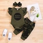 Mama’s Newborn Baby Boy Girl Clothes Camouflage Ruffle Short Sleeve Romper+ Pants Bow Outfit Clothing Set