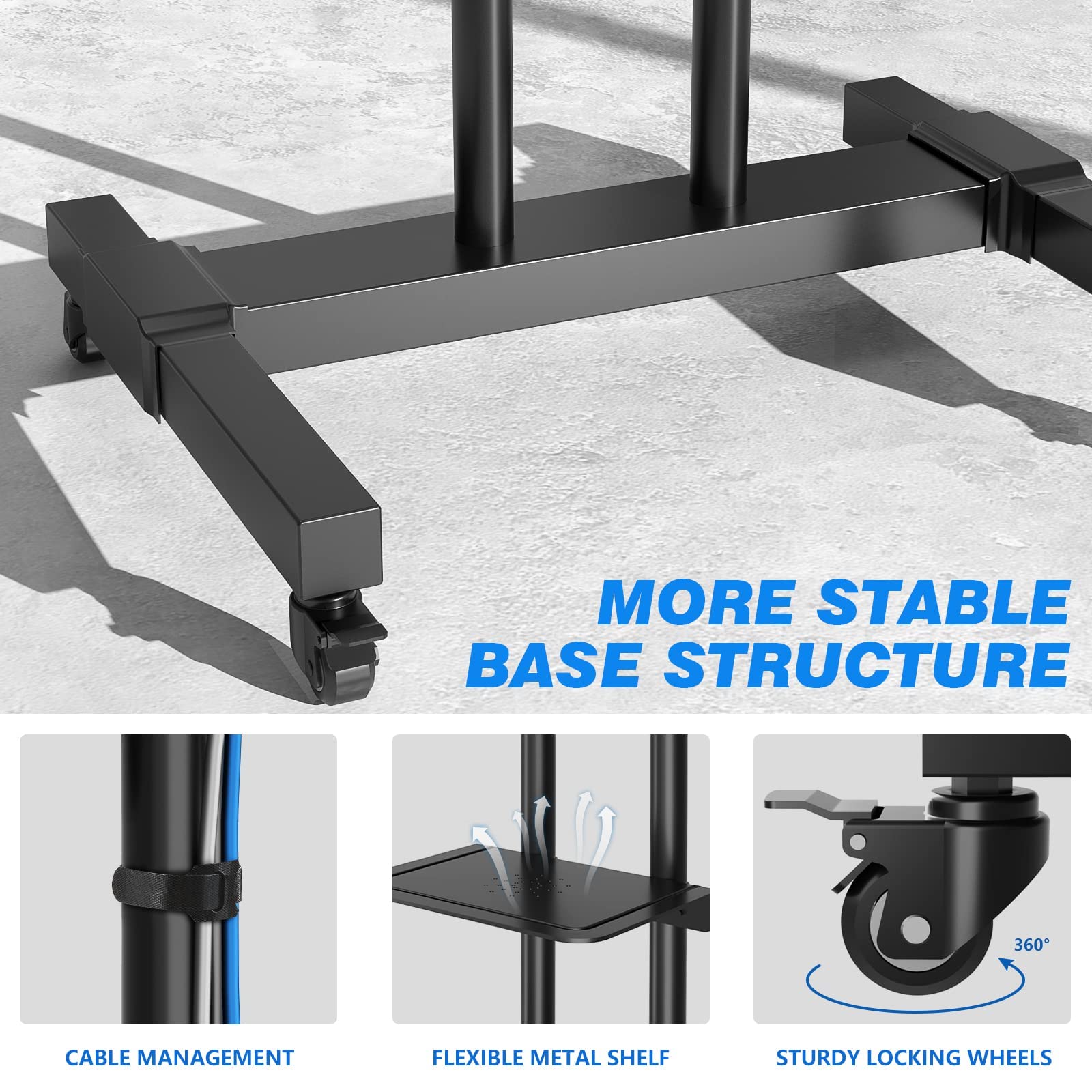 RFIVER TV Ständer Rollbar Fernsehständer, mit Rollen, Fernseher Wagen Staender Bodenstaender für 32 40 42 50 55 65 70 75 80 Zoll Hoehenverstellbar Schwarz | Max 50 KG Vesa 600x400 mm