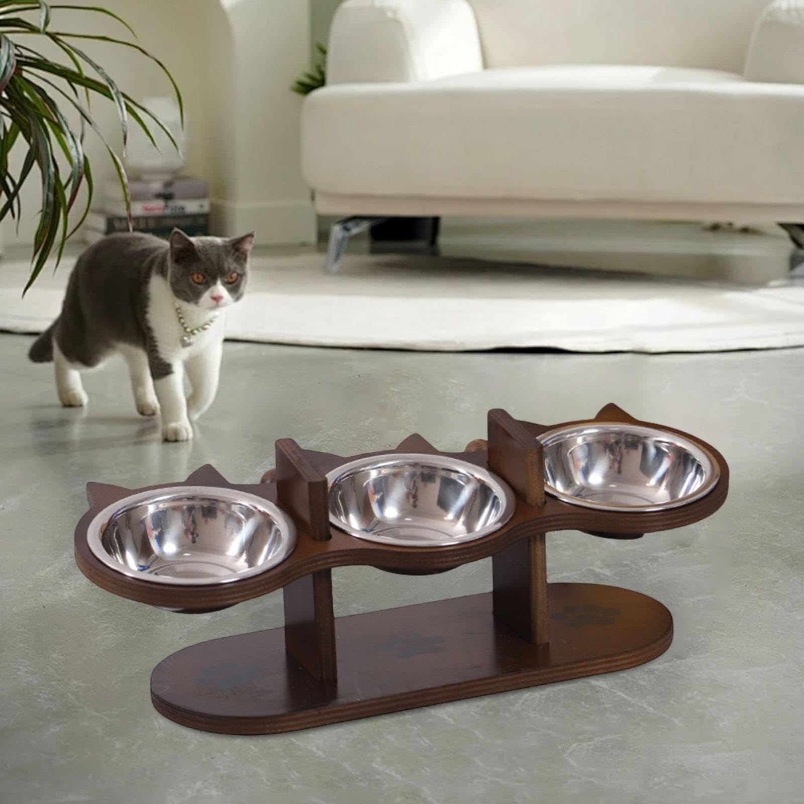 Comedero Elevado para Mascotas con 3 Cuencos de Acero Inoxidable Y Soporte de Madera, Estación de Alimentación para Gatitos Y Perros Pequeños.