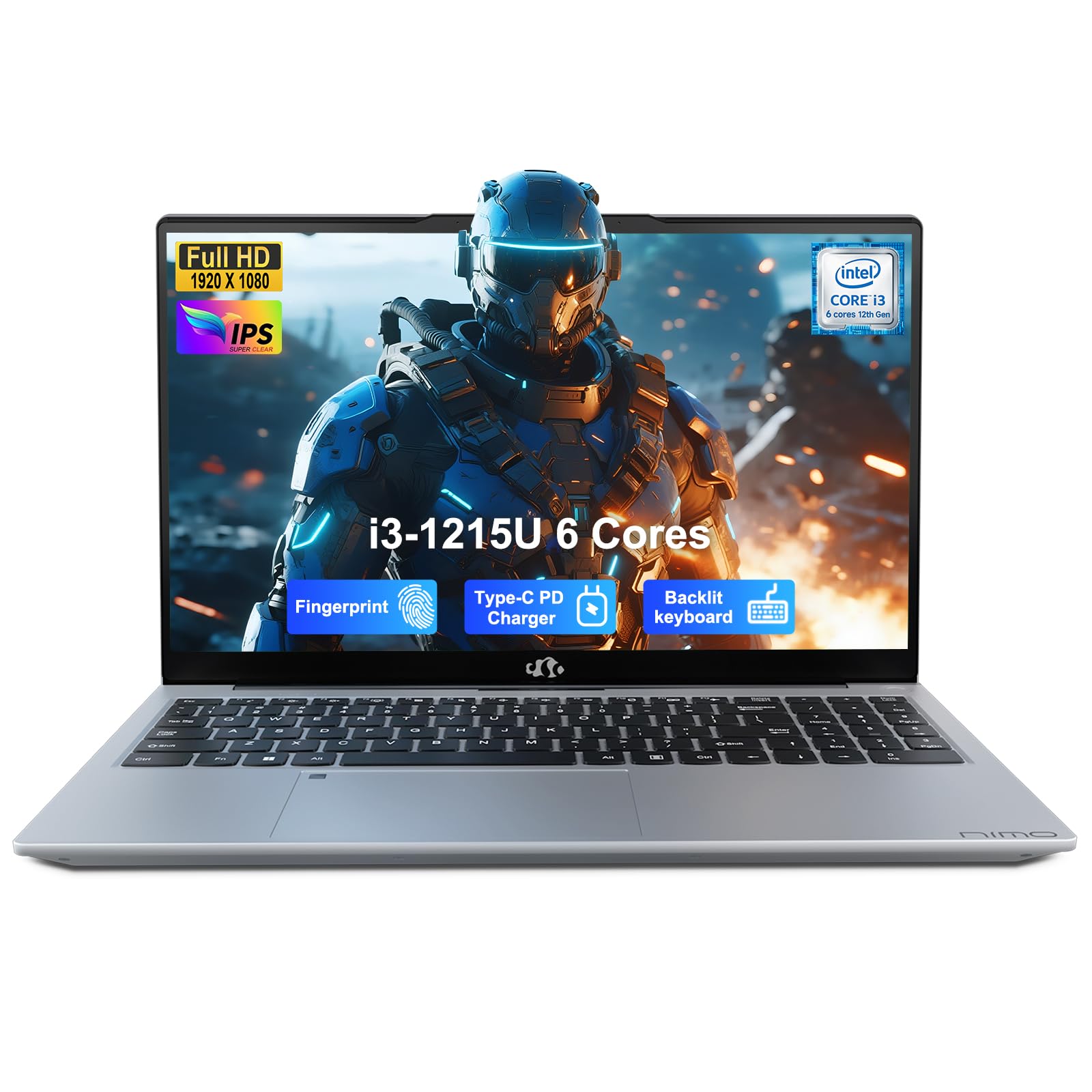 NIMO 15.6" FHD Student Laptop, Intel 6 Core i3-1215U Processor (Up to 4.4GHz, Beat R5 7520U) 8GB RAM 256GB SSD Computer for Business & Study Home with 65W Type-C Backlit KB Fingerprint Wi-Fi 6 HDMI