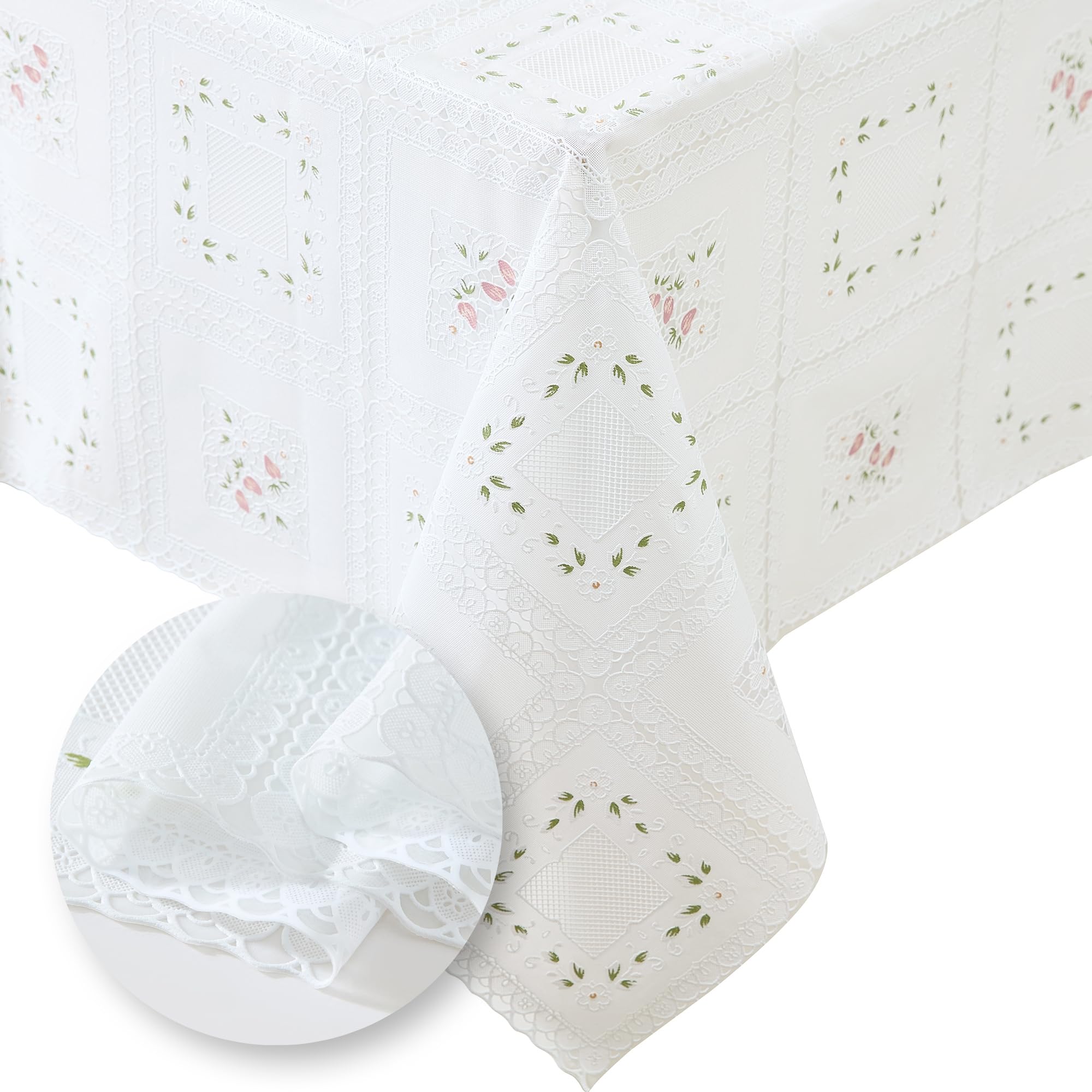 Elrene Home Fashions Vinyl-Stoff mit floraler Spitze, 2,7 m Schnitt, schützende Tischdecke für ESS- und Küchentische, Dekoration oder Bastelarbeiten, Weiß, 137,2 x 274,3 cm