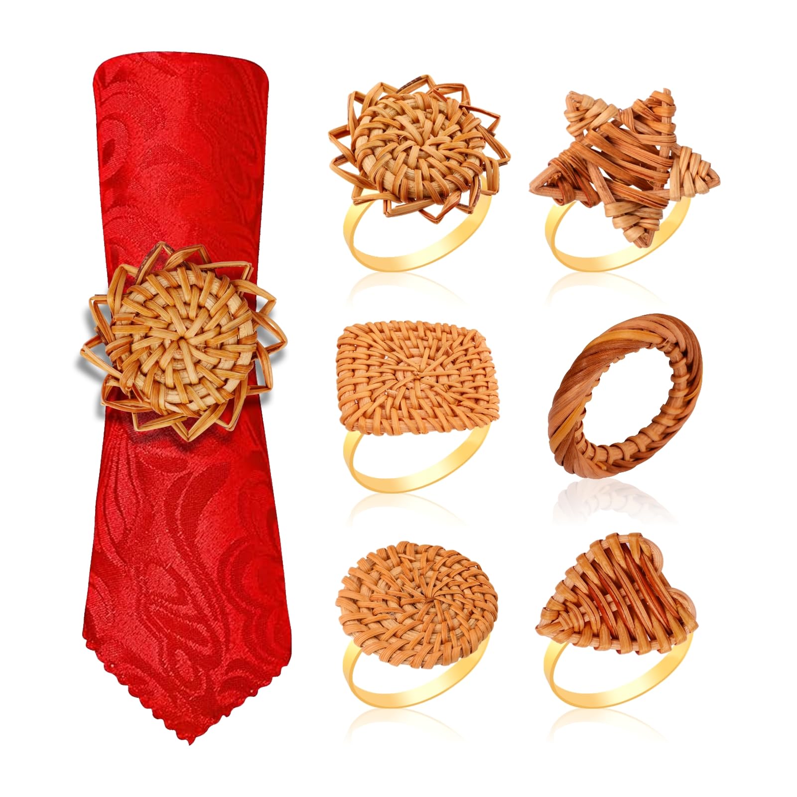 FONVE Set of 6 Rattan Napkin Rings with Unique Designs Handmade Natural Woven Table Decor, Includes Star, Flower, Heart, and More Shapes Elegant Boho Style for Weddings, Parties, and Everyday Dining