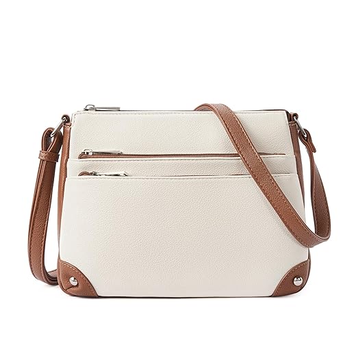 WESTBRONCO Crossbody Bags for Women, Medium Size Shoulder Handbags, Wallet Satchel Purse with Multi Zipper Pocket Beige with Brown