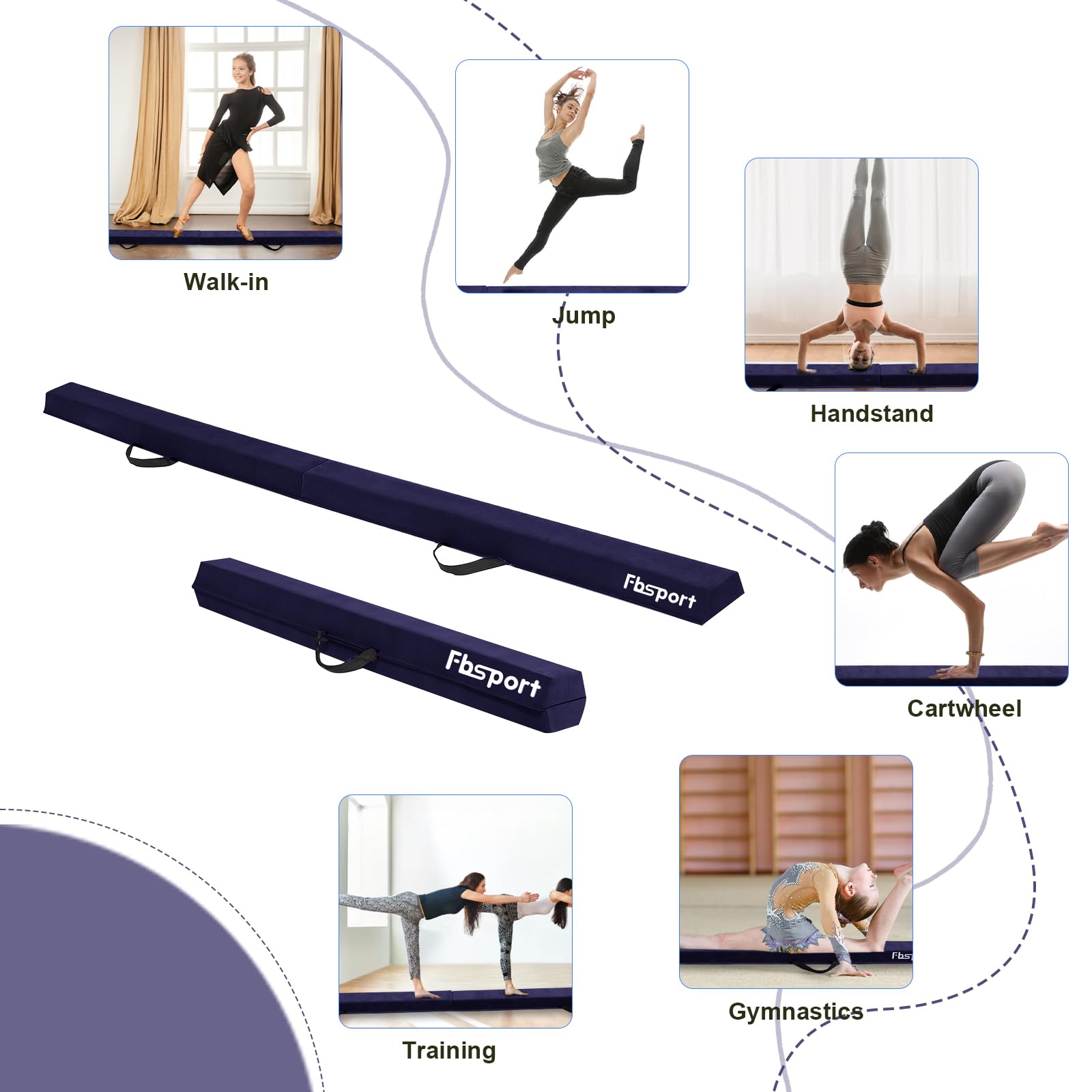 FBSPORT 210 cm składana belka do balansowania, balans gimnastyczny, warstwa flokowana, balans balansowy, wyposażenie fitness dla dzieci