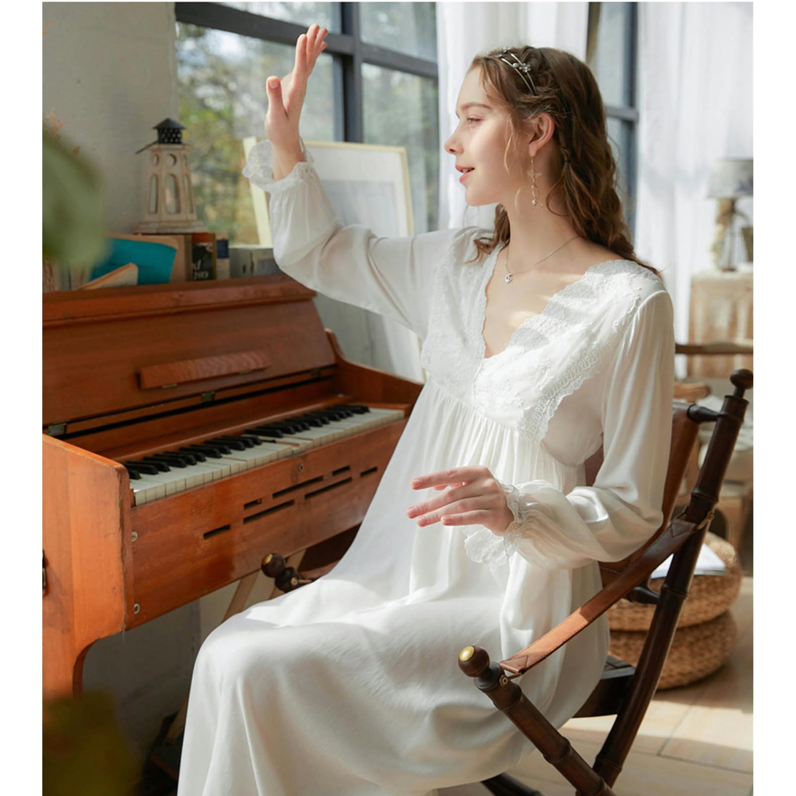 Camicia Notte Donna Nightdress A Maniche Lunghe per Donne Spring Princess Lace Vesti di Cotone A V-Neck Long Autunno Autunno-Manica Lunga-s