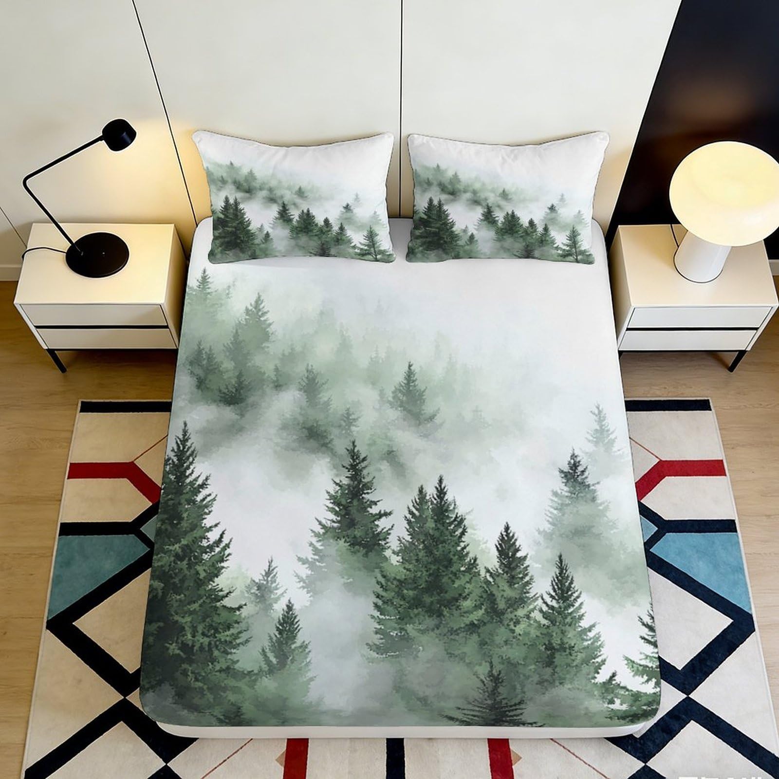 3D Printed Misty Pine Forest Fitted Sheet Microfiber Soft Breathable Evergreen Mattress Cover Bedroom Decor Protection 90x200x25cm