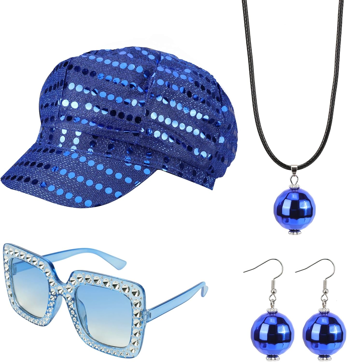 XEPST 4 PCS 70s Disco Costume Accessories Set with Sequin Hat Earrings Sunglasses Necklace Disco Fancy Dress Kit for Women Retro 70 80 Theme Party Costume, Blue