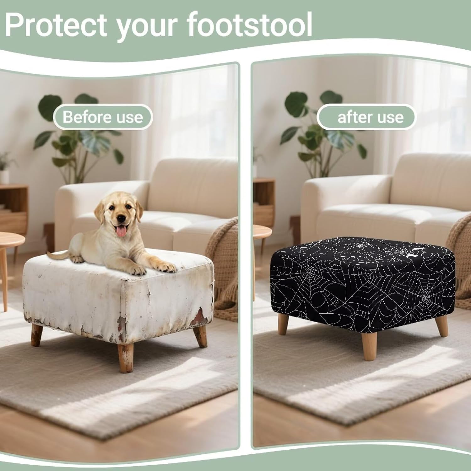 Ottoman Cover Square, Spider Web Stretch Square Ottoman Slipcover Gothic, Goth Storage Foot Stool Covers with Elastic Bottom Black
