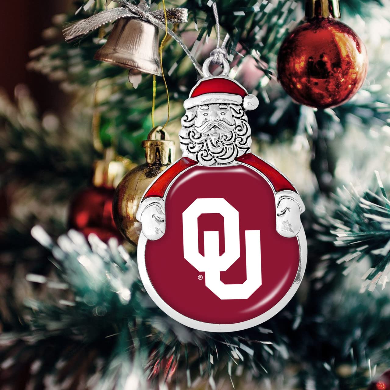 From the Heart Enterprises OKlahoma Sooners Santa with Team Logo Silver Metal Christmas Ornament Gift Tree Decoration OU
