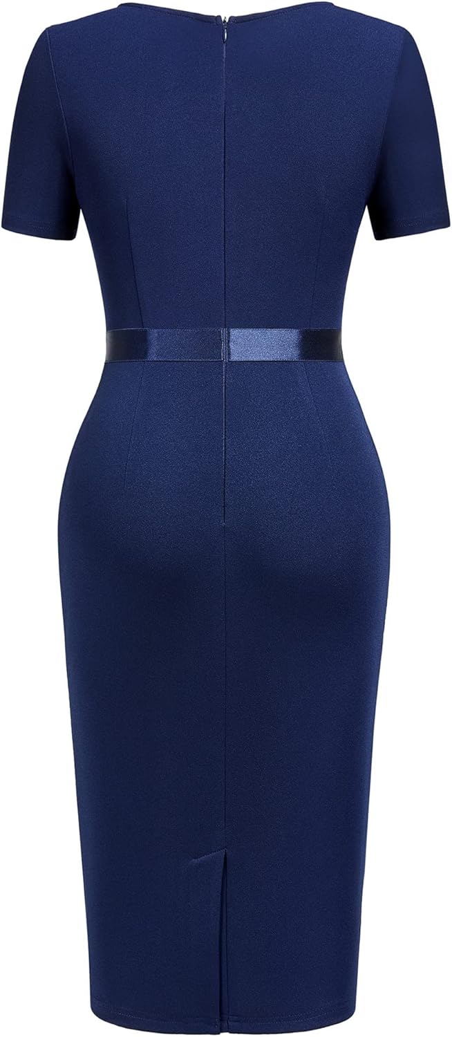 AISIZE Women's Retro Crew Neck Ruffle Ruched Flattering Business Sheath Dress - Image 4