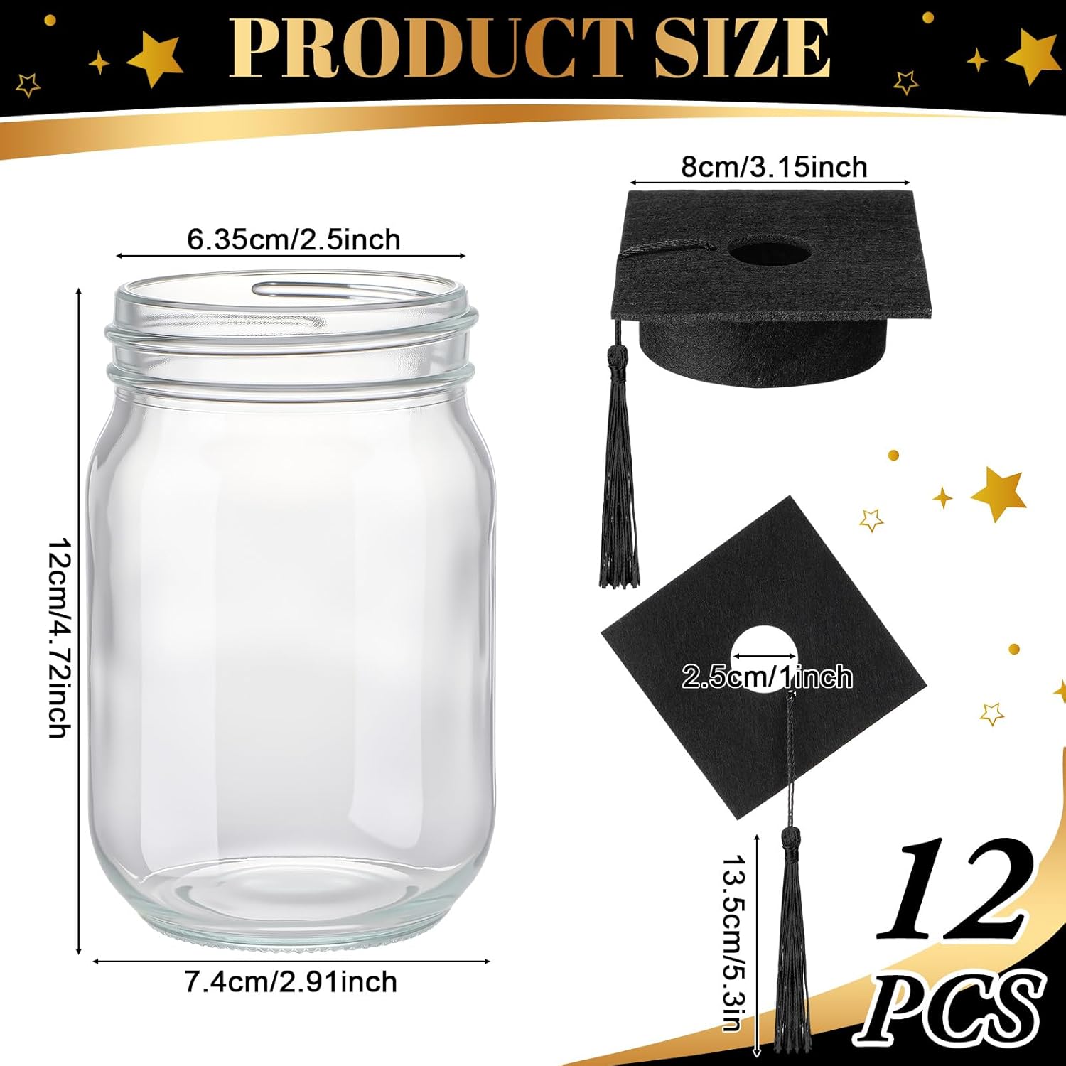 Qinyoung 12 Pcs 2026 Graduation Table Centerpiece Decoration Class of 2026 Graduation Decoration for Table Mason Jar with Grad Cap for Centerpiece Flower College High School Congrat Grad Party (Black)
