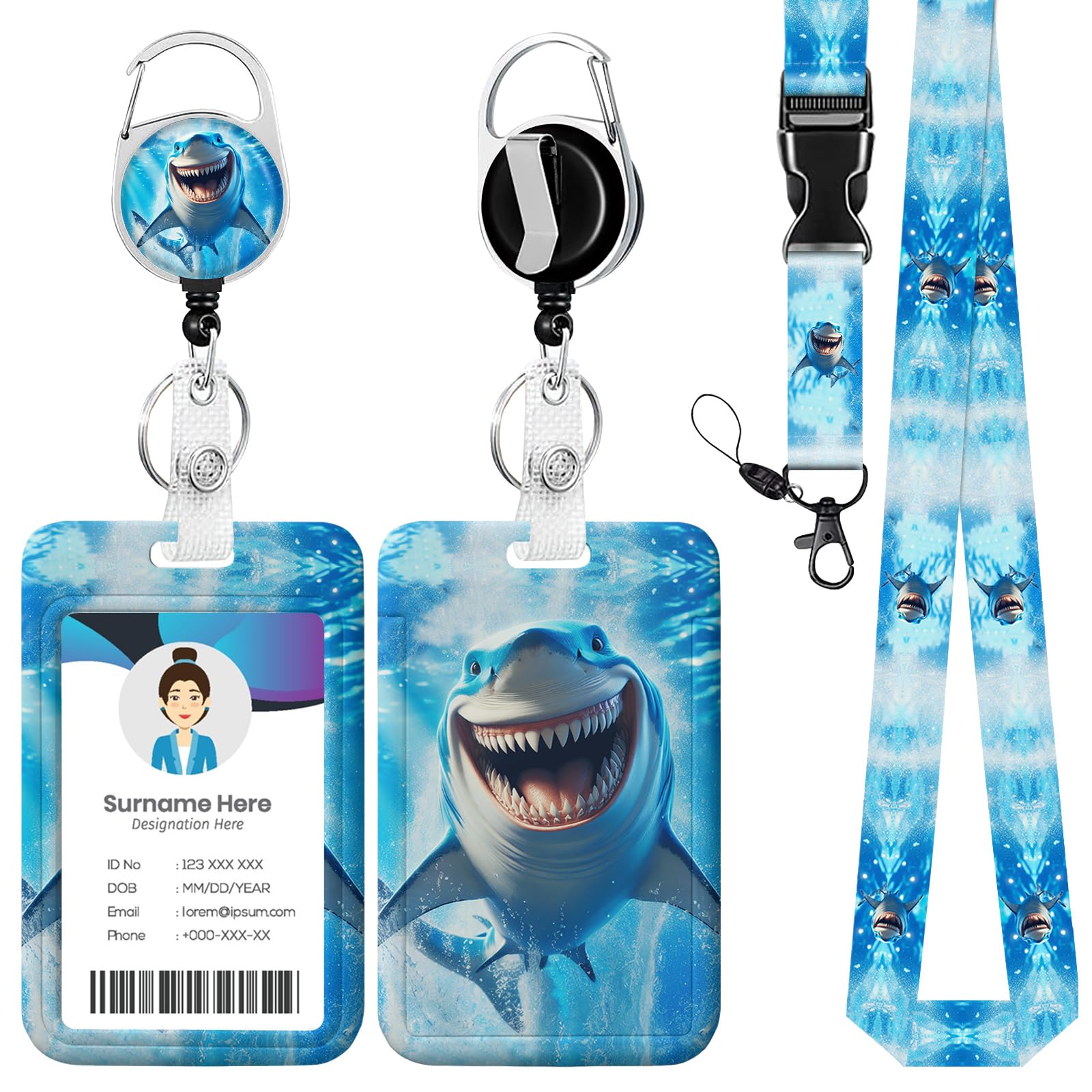 Funny Shark ID Badge Holder with Lanyard, Retractable Lanyards for ID Badges Name Tag Clips, Funny Nurse Teacher Office Student Gift