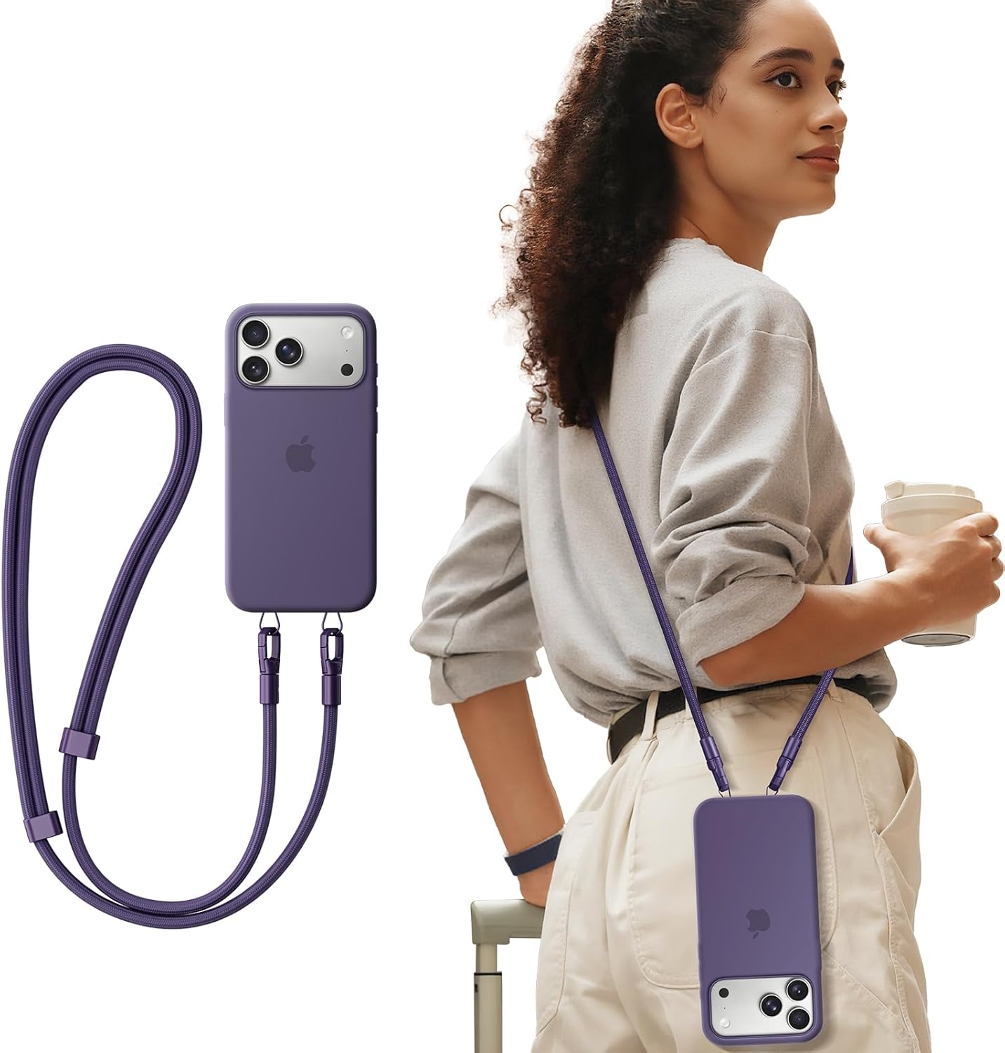 Phone Lanyard, Anti-Theft Crossbody Strap for iPhone, Adjustable Cell Phone Neck Holder with Non-Adhesive Tether Tabs Purple