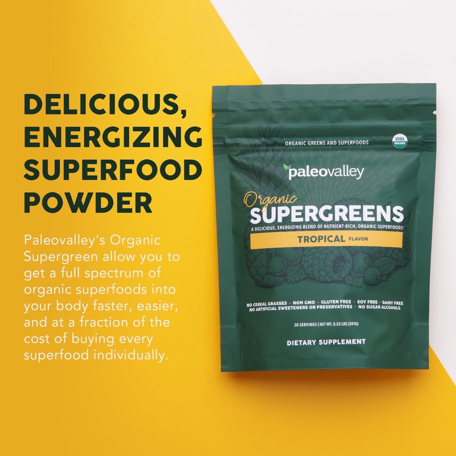 Paleovalley Organic Supergreens Powder - 23 Superfoods with Prebiotic Fiber for Energy and Immunity Support - No Cereal Grasses for Maximum Absorption - Tropical, 30 Servings