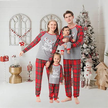 Pyjama De Noël Assorti Pour Enfant – En Coton Doux – Design Festif Rouge, Vert, Blanc – Taille élastiquée - 12