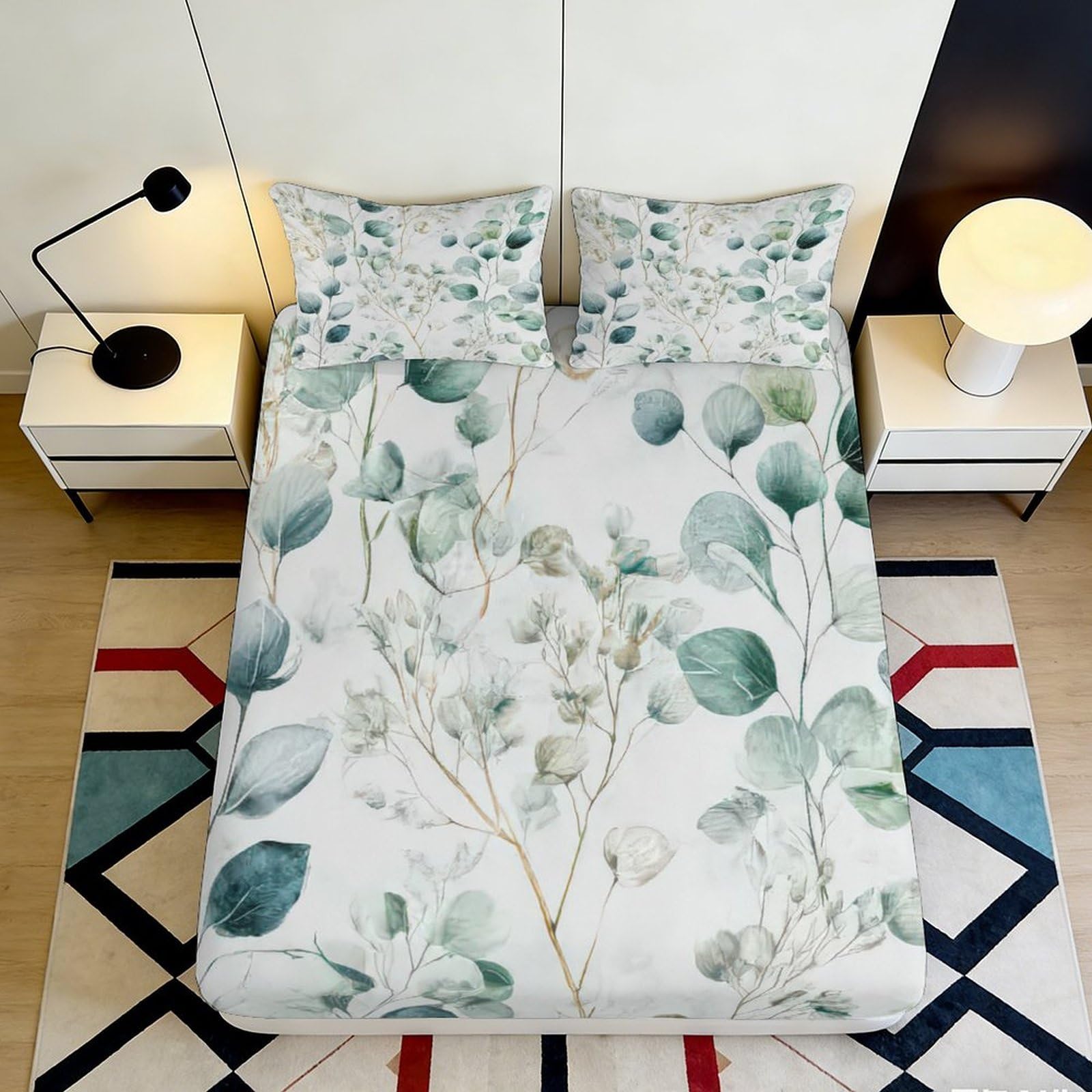 3D Printed Green Leaves Fitted Sheet Microfiber Soft Breathable Floral Branches Bed Cover for Bedroom Dormitory Guest Room Mattress Protection Decor 120x200x25cm