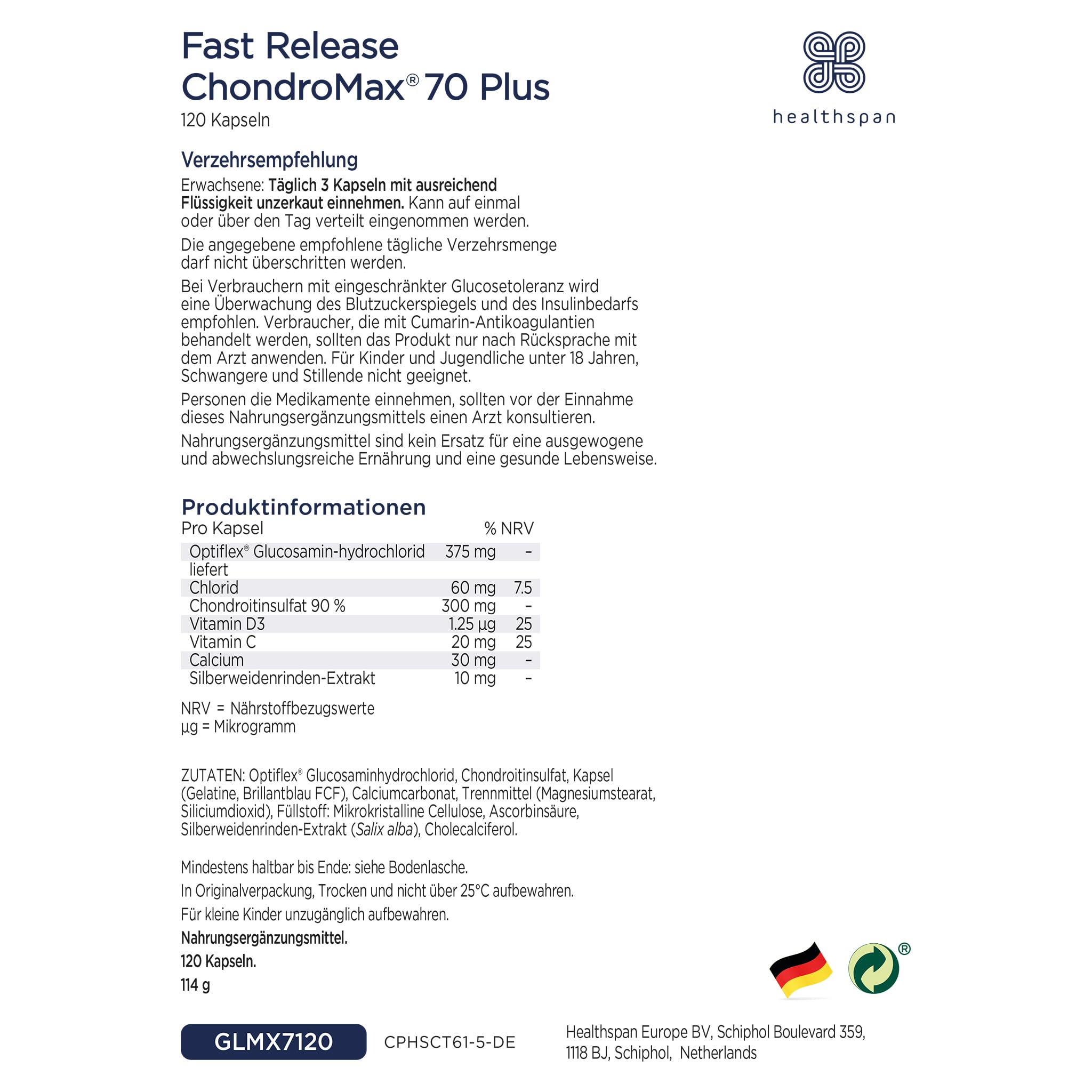 Healthspan Glucosamin & Chondroitin 70 Plus | Hochwertige Gelenkgesundheit mit Optiflex Glucosamin HCI, Vitaminen und Mineralien | Schnell lösliche Kapseln für Menschen über 70 Jahre | 120 Kapseln