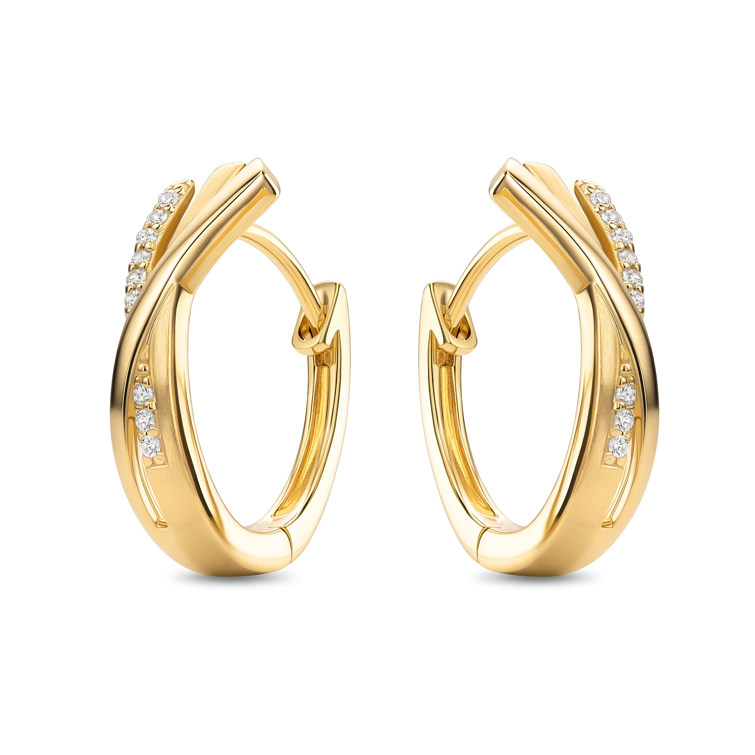 Miore Orecchini Cerchio Donna con Zirconi Brillanti in Argento 925 - Argento 925 Placcato Oro Giallo 18K 750, Orecchino Cerchi a lobo anallergici con Zirconi. Chiusura con perno passante e scatto.