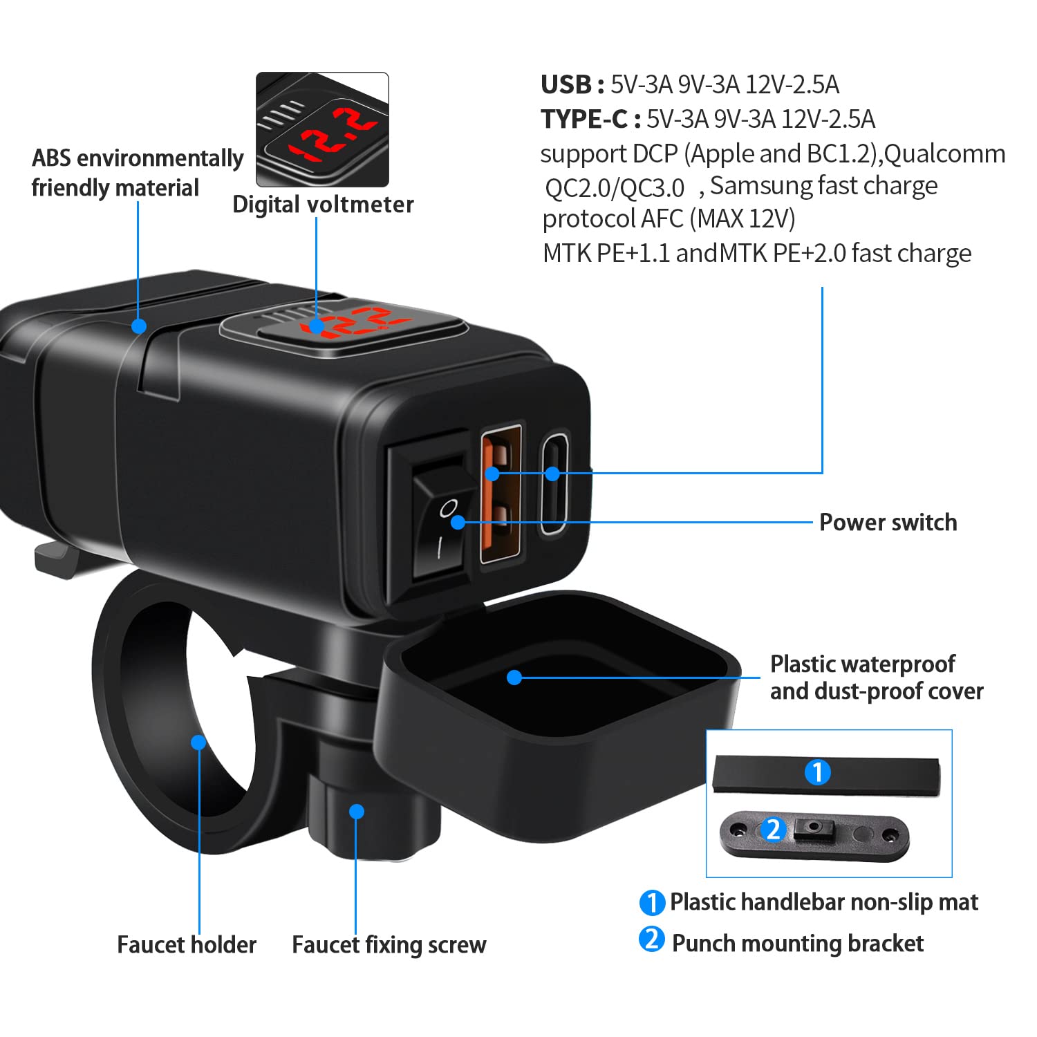 Cargador Tipo C PD y QC3.0 para Motocicleta y Coche 12V/24V - Impermeable Con Interruptor y Voltímetro LED - Para SUV, Marino, Barcos (Rojo: USB + Tipo C)