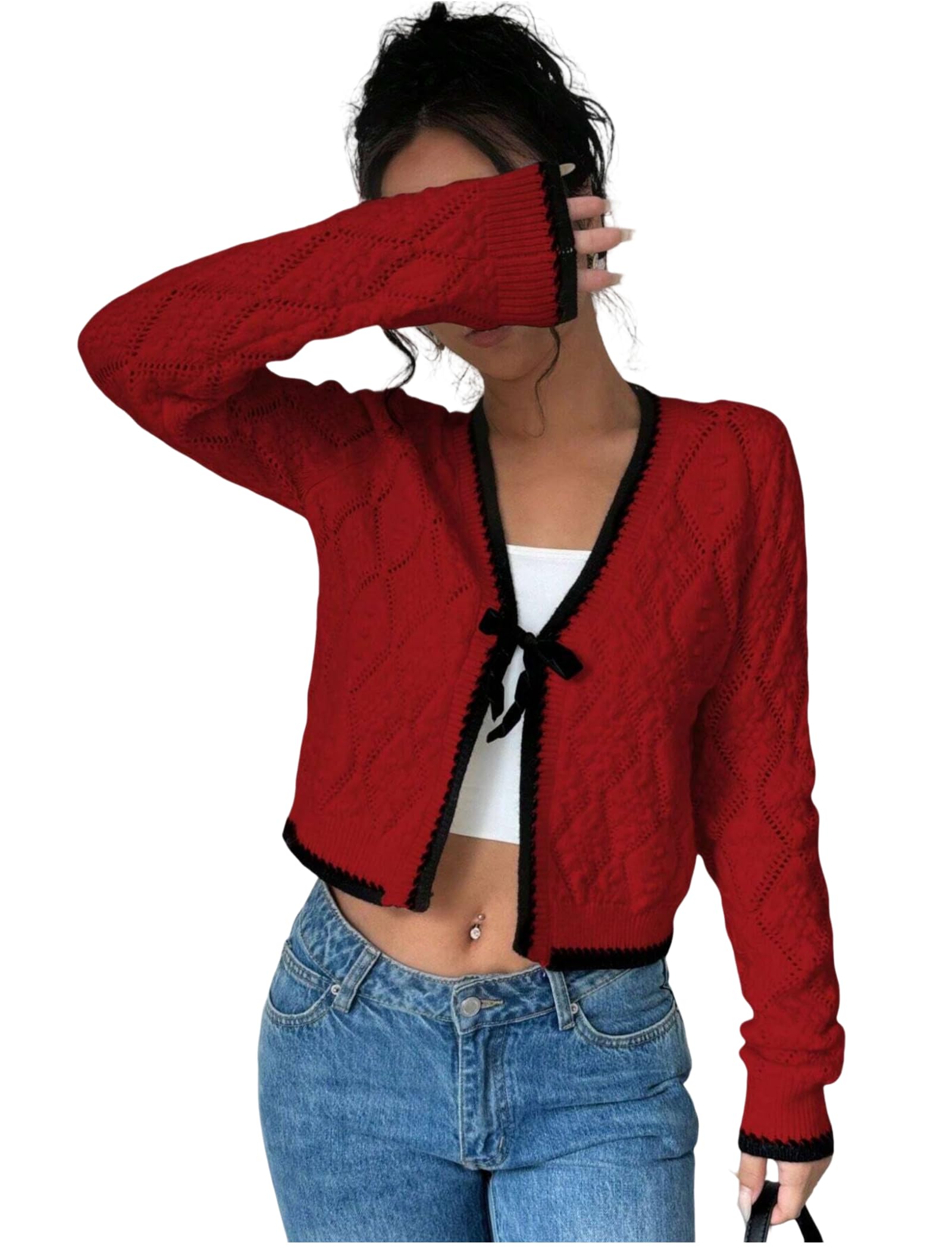 ZAFUL Womens Tie Front Cardigan Color Block Bow Cable Knit Sweater Open Front Long Sleeve Coats Tops