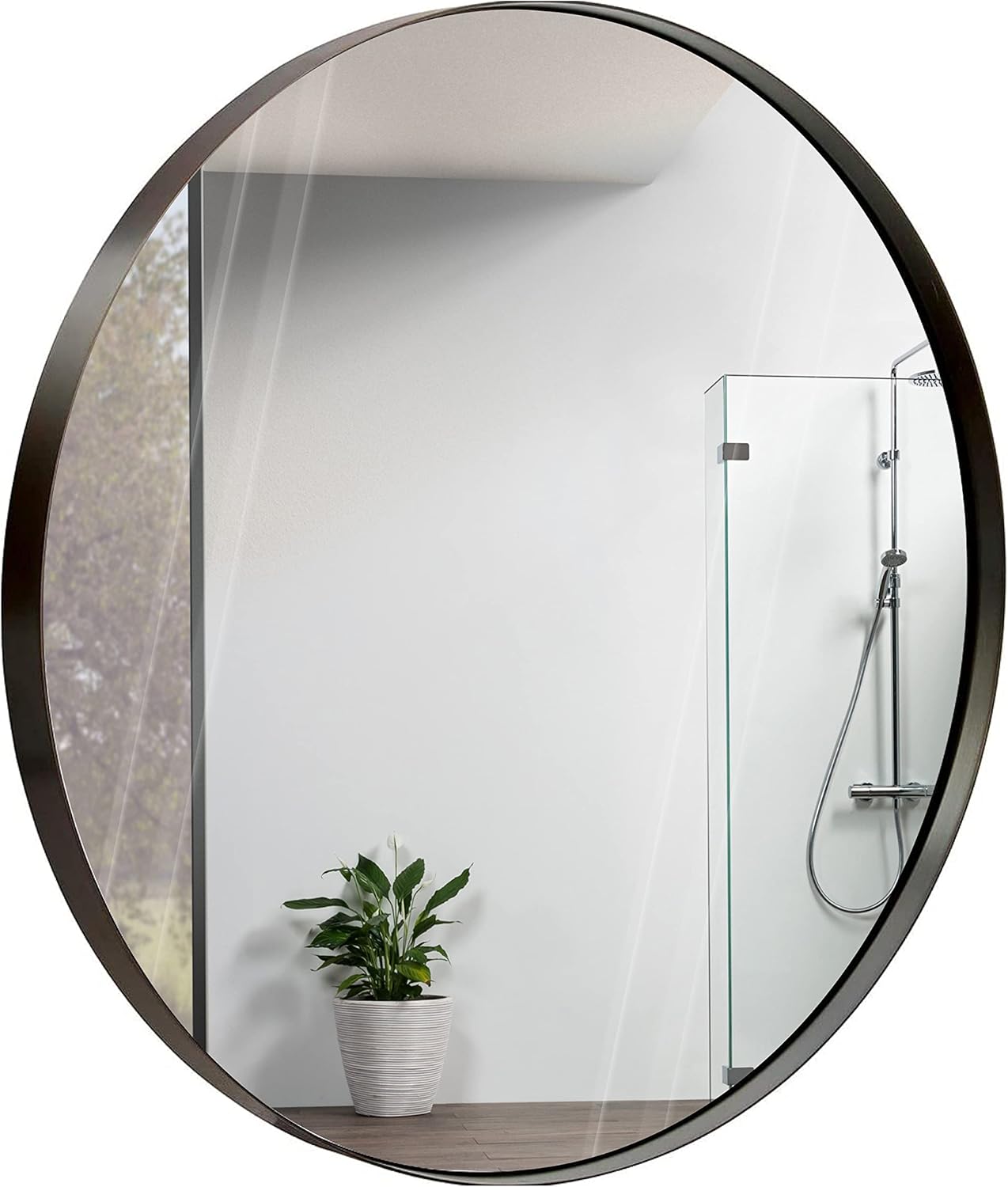 Hamilton Hills Large 30 Inch Round Bathroom Mirror Brushed Bronze Metal Frame - Contemporary Circle Wall Mirror for Home Decor - Premium Vanity Mirror for Bedroom and Living Room Walls 30"L x 30"W Bronze