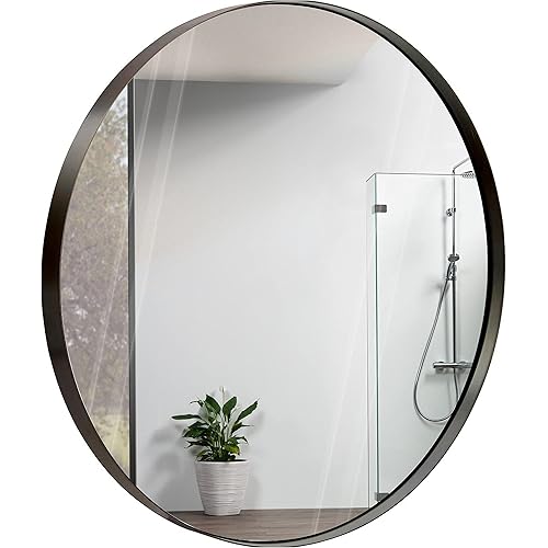 Hamilton Hills 30 inch Large Bronze Round Mirror Brushed Metal Framed | Contemporary Classic Deep Set Design | Wall Mount Circle Mirror for Home Decor | Round Vanity Mirror for Bathroom and Bedroom