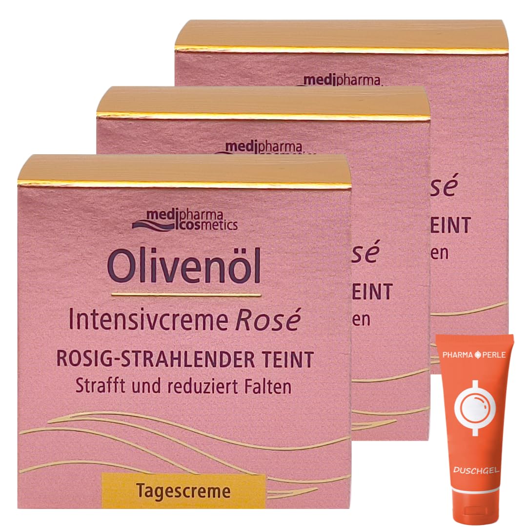 Olivenöl Intensivcreme Rosé Tagescreme 3x 50 ml I Rosig-Strahlender Teint I Verleiht spürbare Glätte I Reichhaltige Tagespflege I für reife, anspruchsvolle Haut I Spar-Set plus Pharma Perle give-away